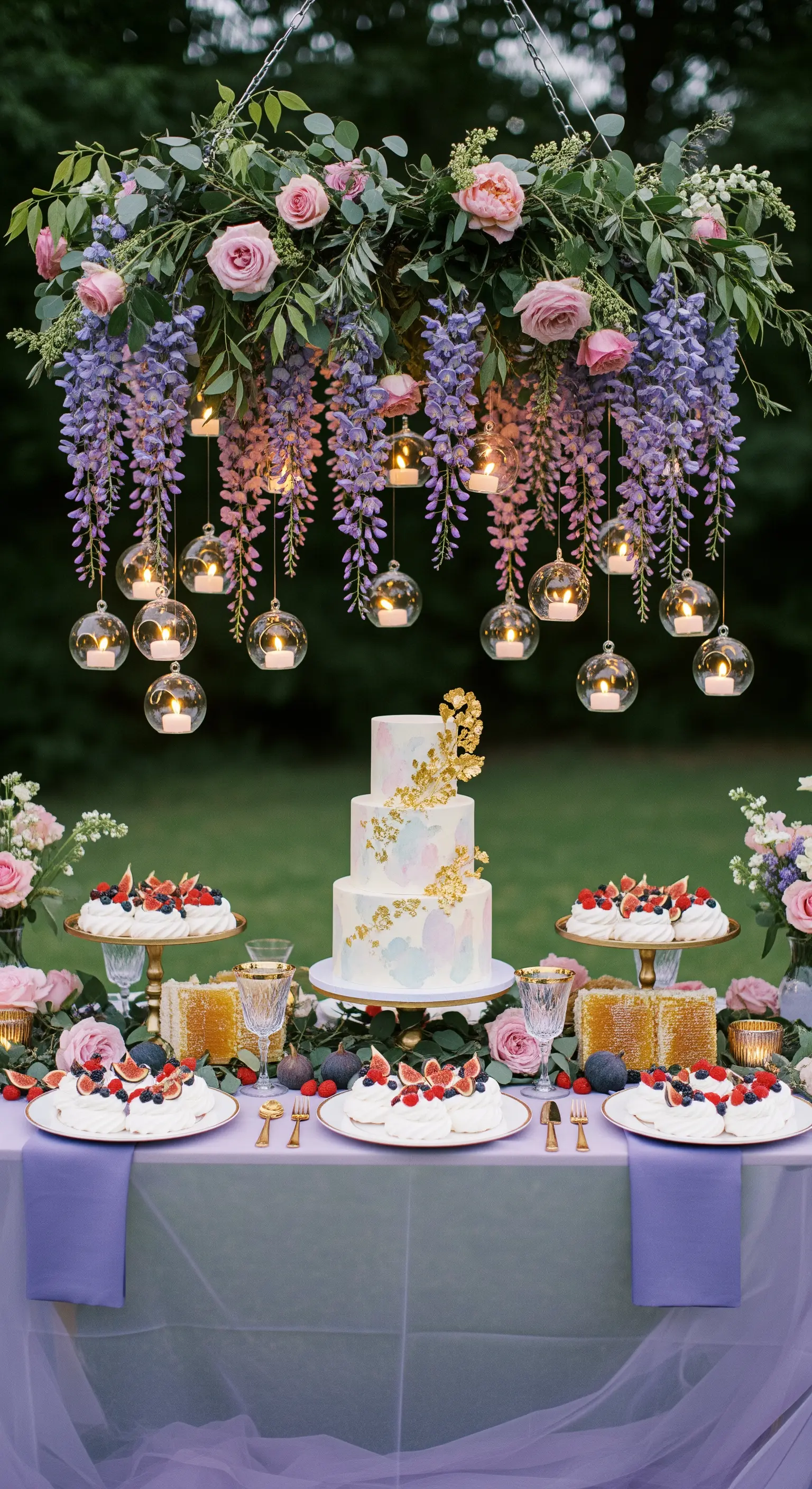 Tavolo da dessert sotto una cascata di glicine e rose con candele sospese in sfere di vetro.