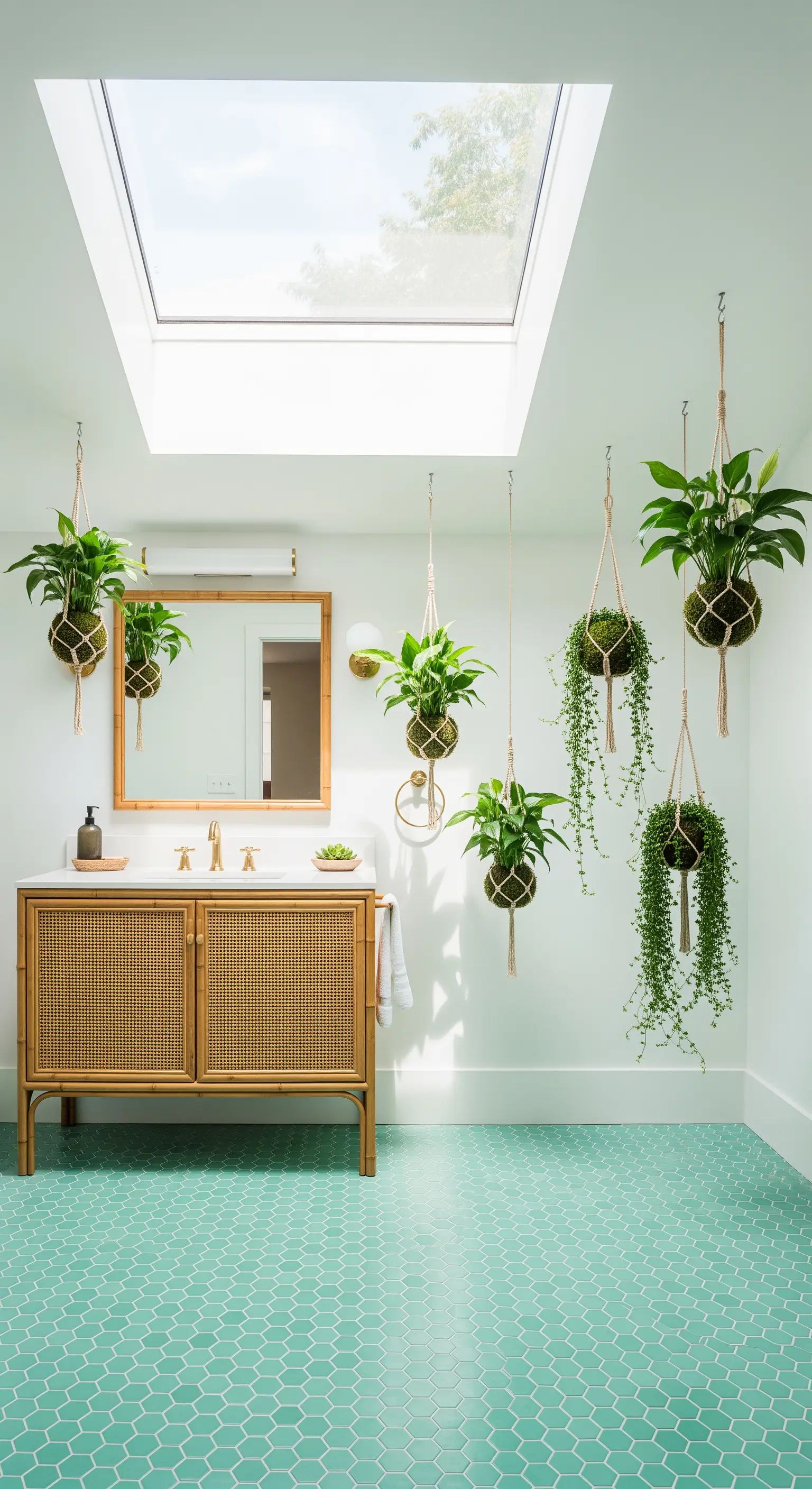 Bagno luminoso con lucernario, piante sospese e pavimento con piastrelle esagonali verdi.