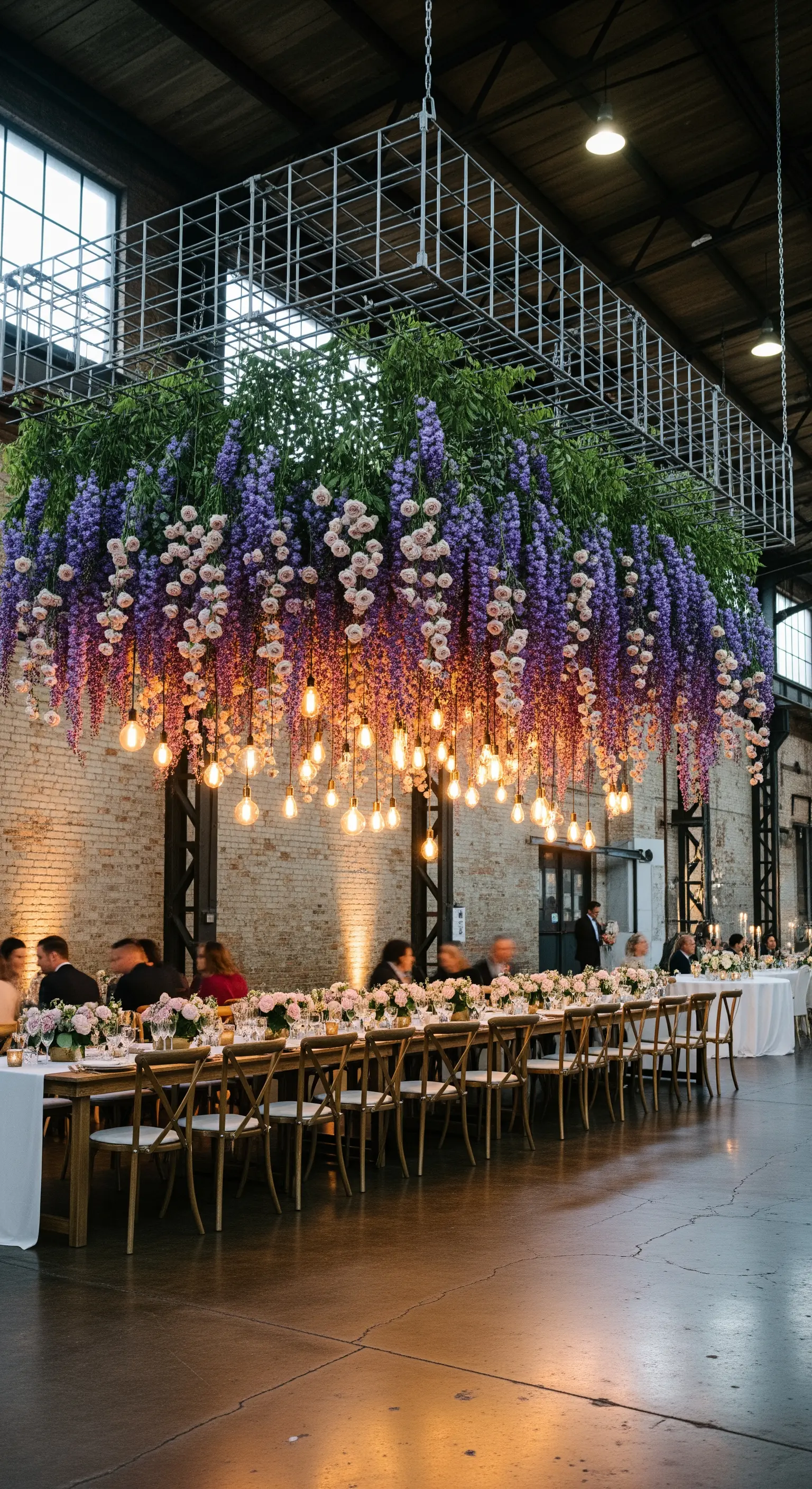 Installazione floreale con glicine e rose sospesa a una griglia industriale sopra un lungo tavolo.