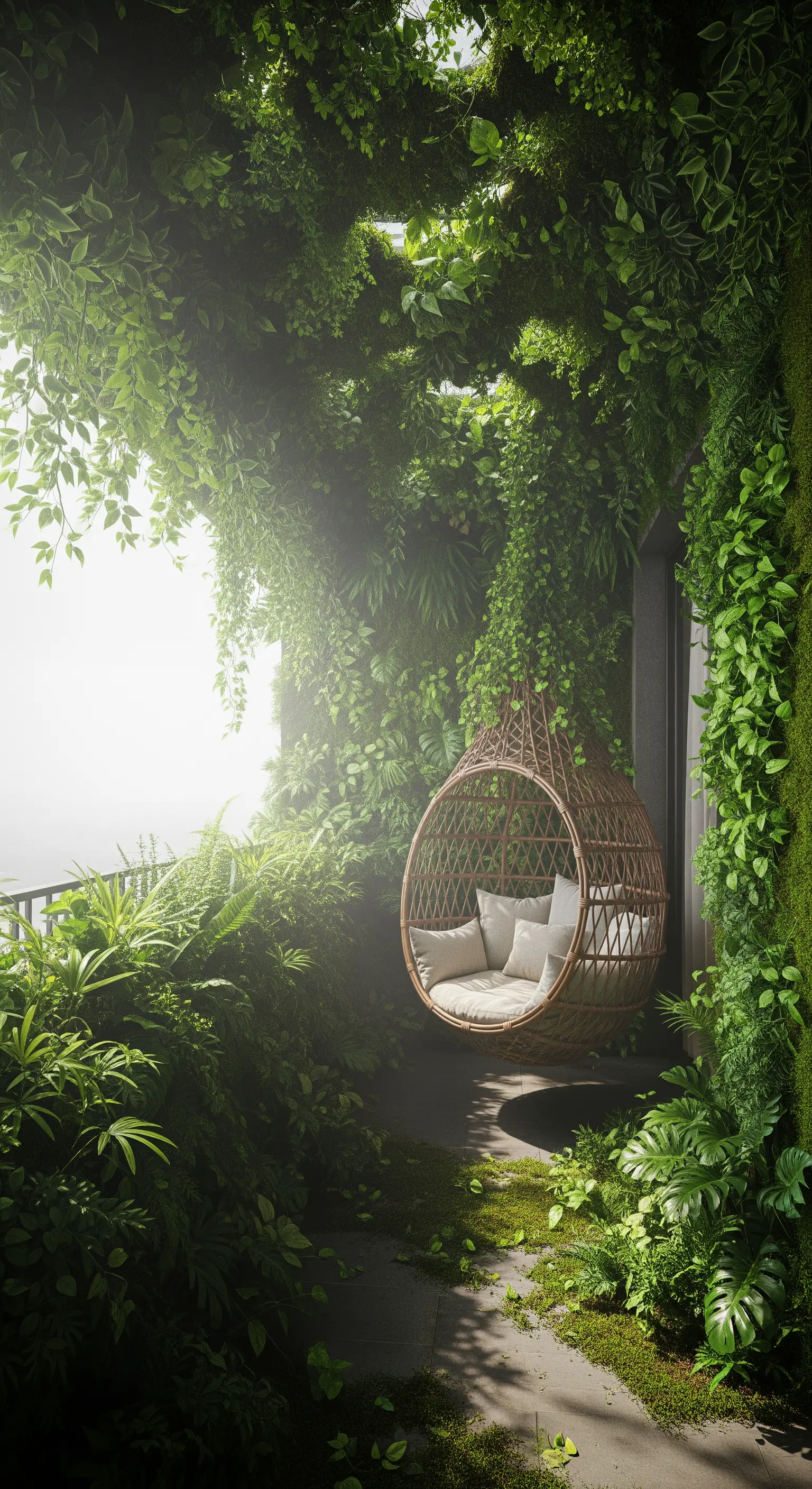 Poltrona sospesa in rattan in un balcone completamente avvolto da una vegetazione lussureggiante.
