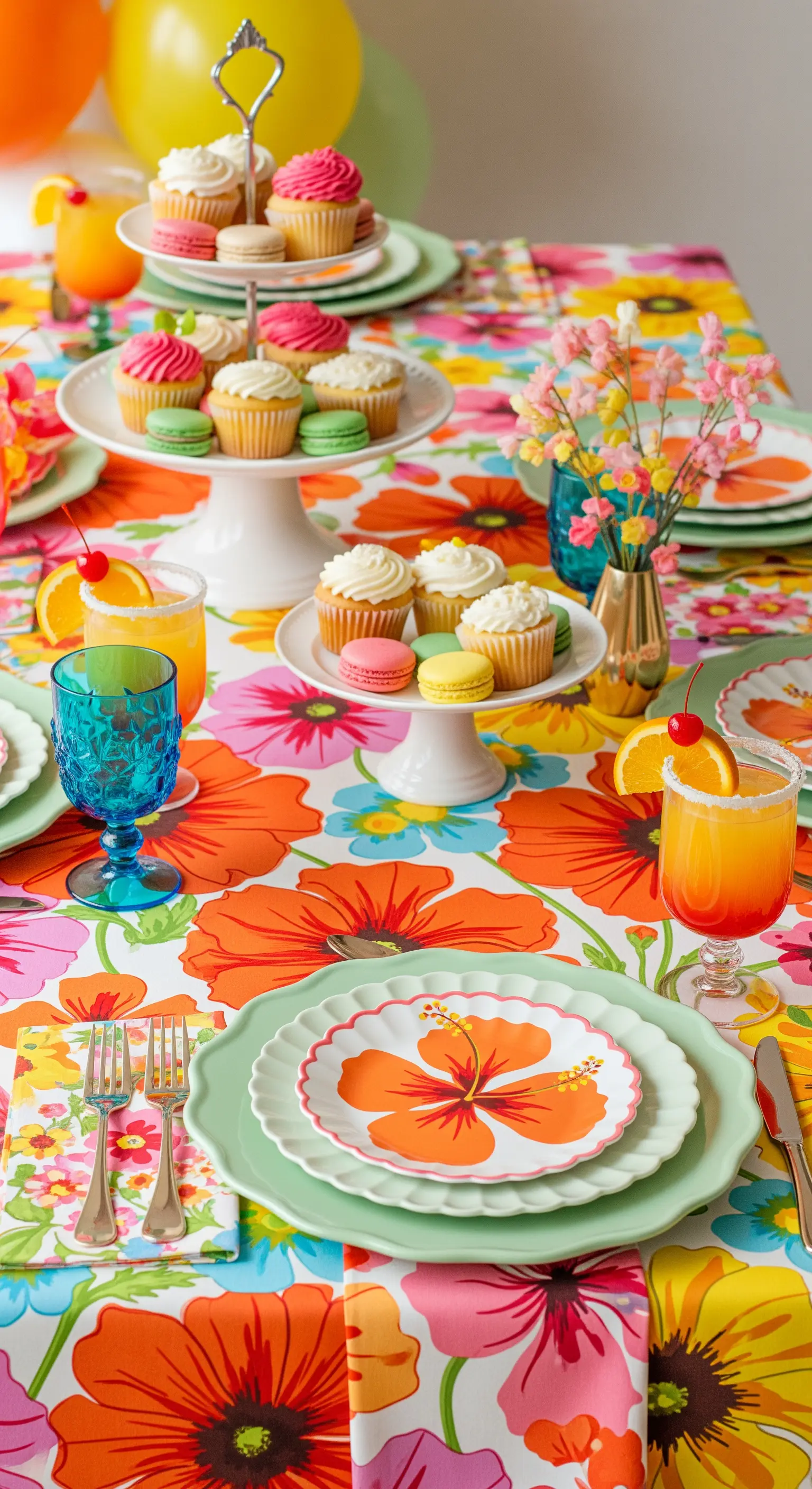 Tavola colorata con tovaglia a fiori, piatti decorati e alzatine con cupcake.