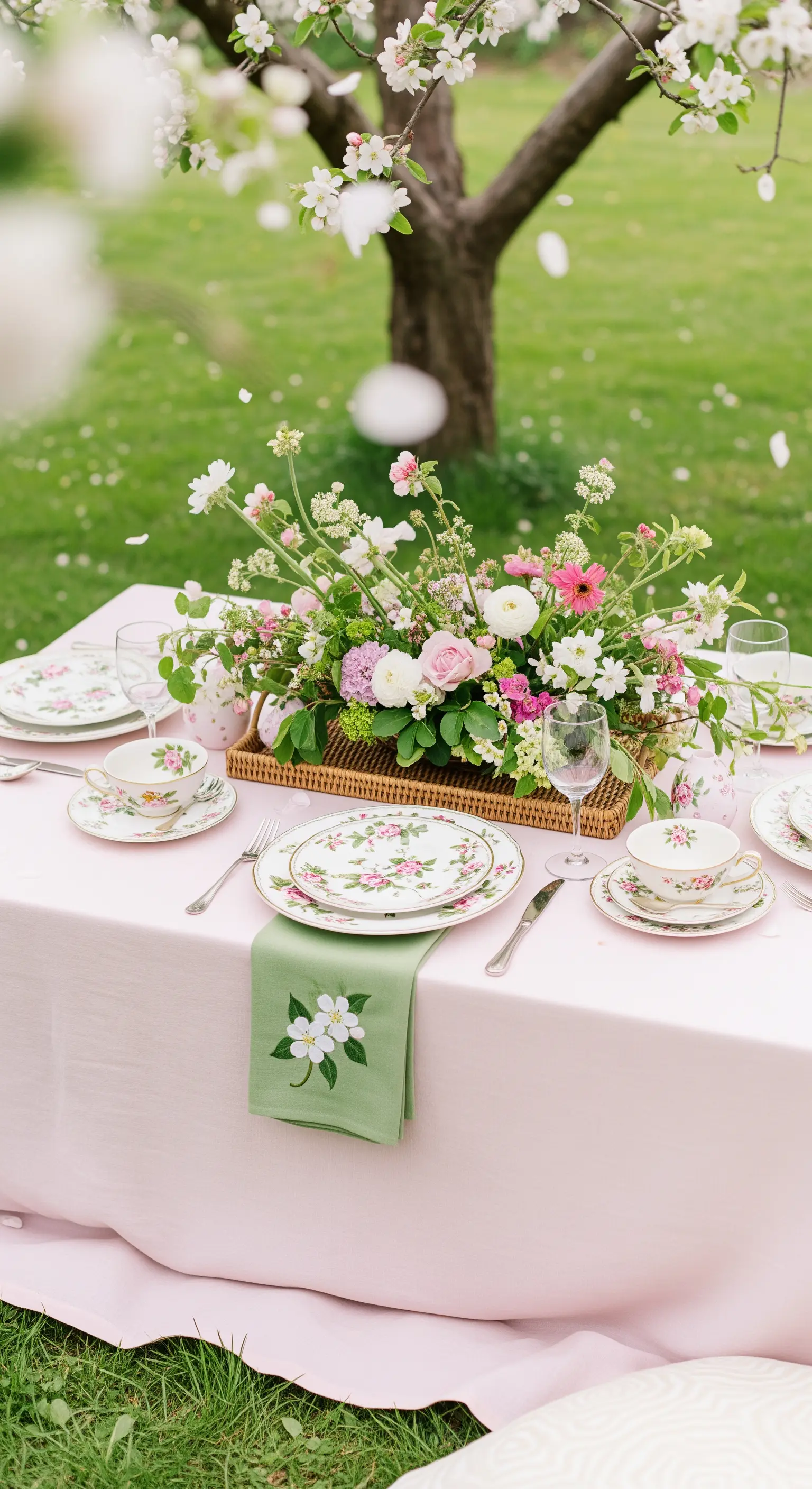 Tavola in giardino con tovaglia rosa, piatti floreali e centrotavola di fiori.