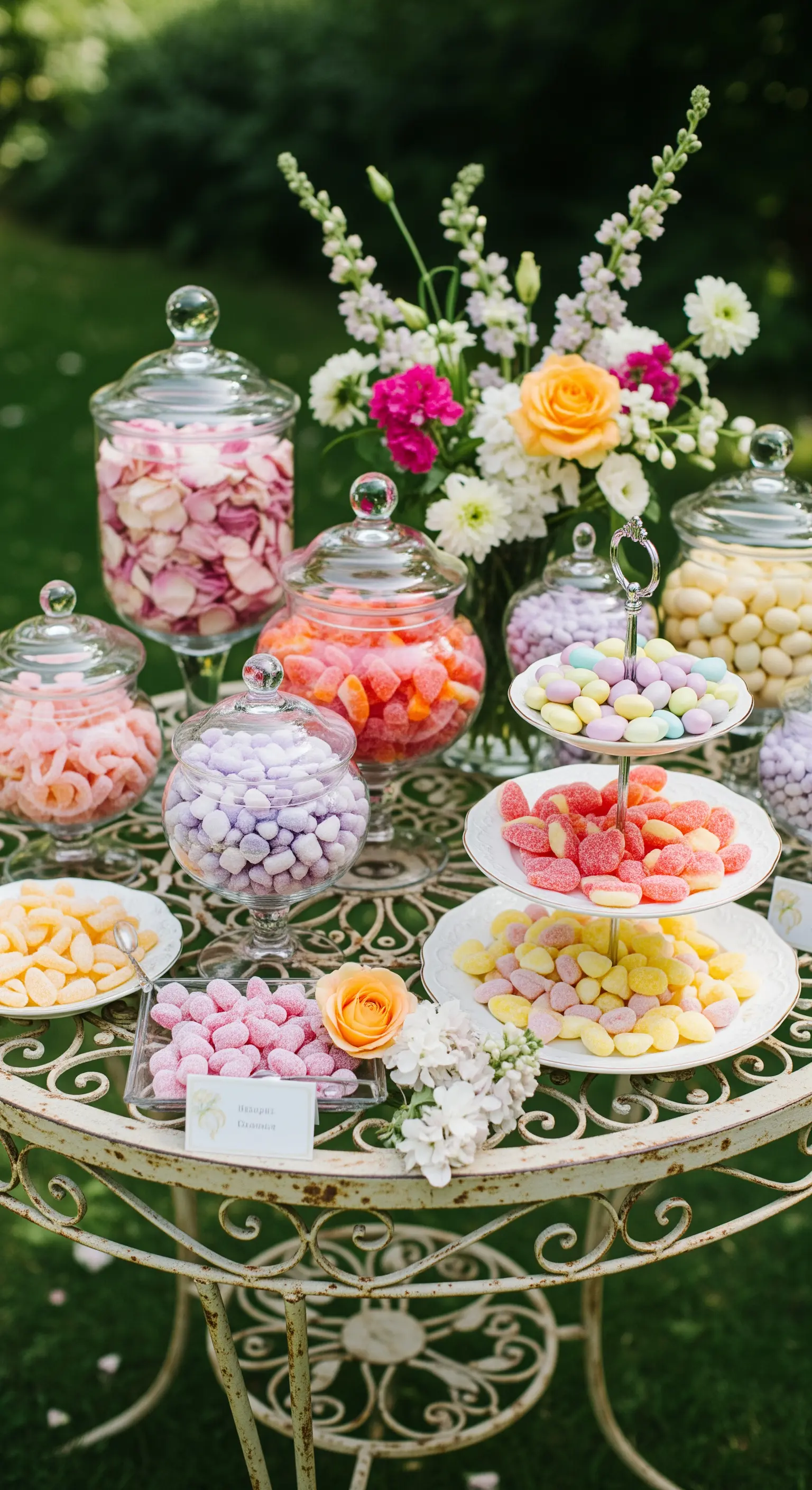 Tavolo in ferro battuto con caramelle color pastello, vasi in vetro e un bouquet di fiori freschi