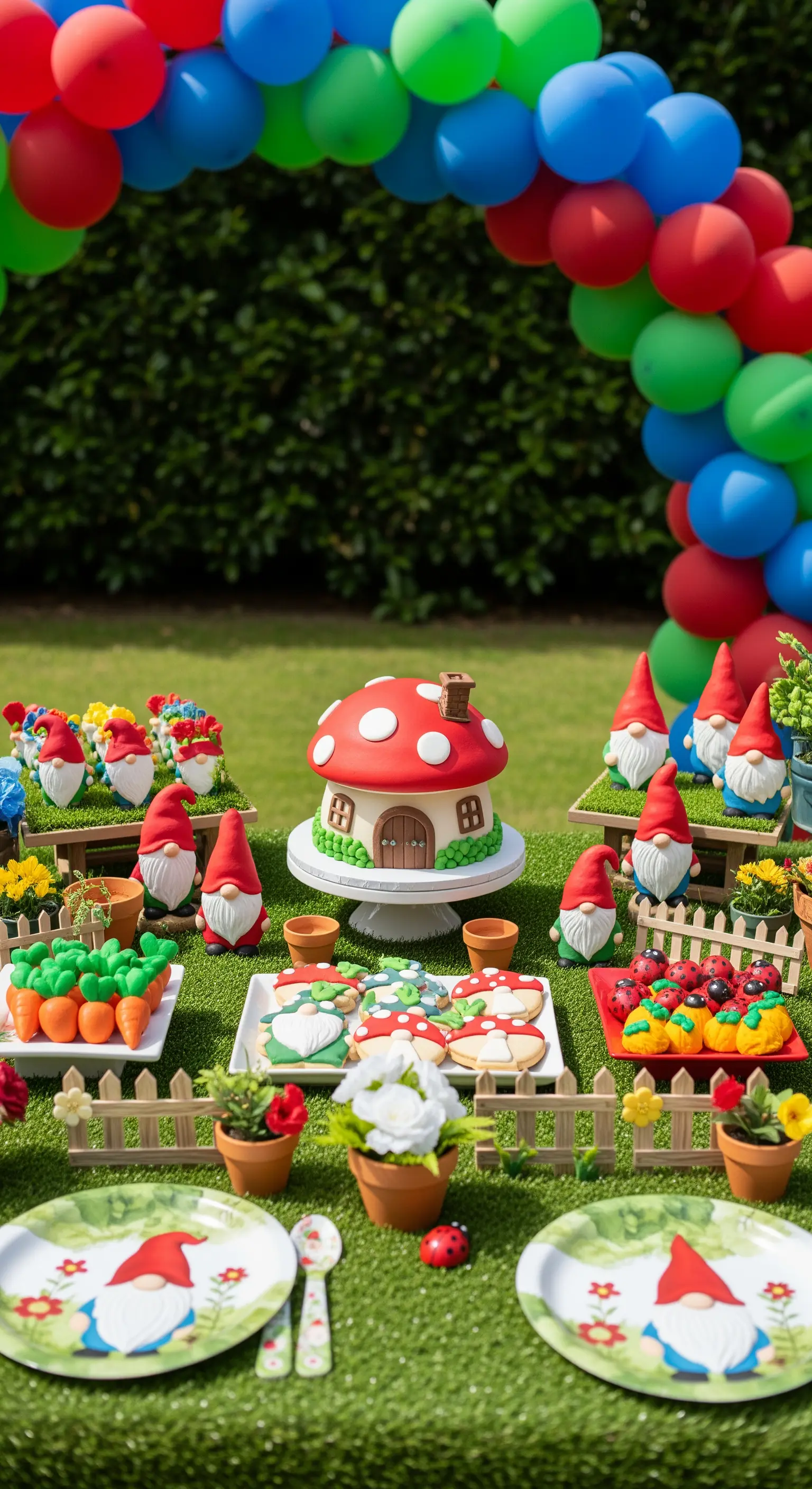 Festa in giardino a tema gnomi con torta a fungo, biscotti a forma di carota e prato finto.