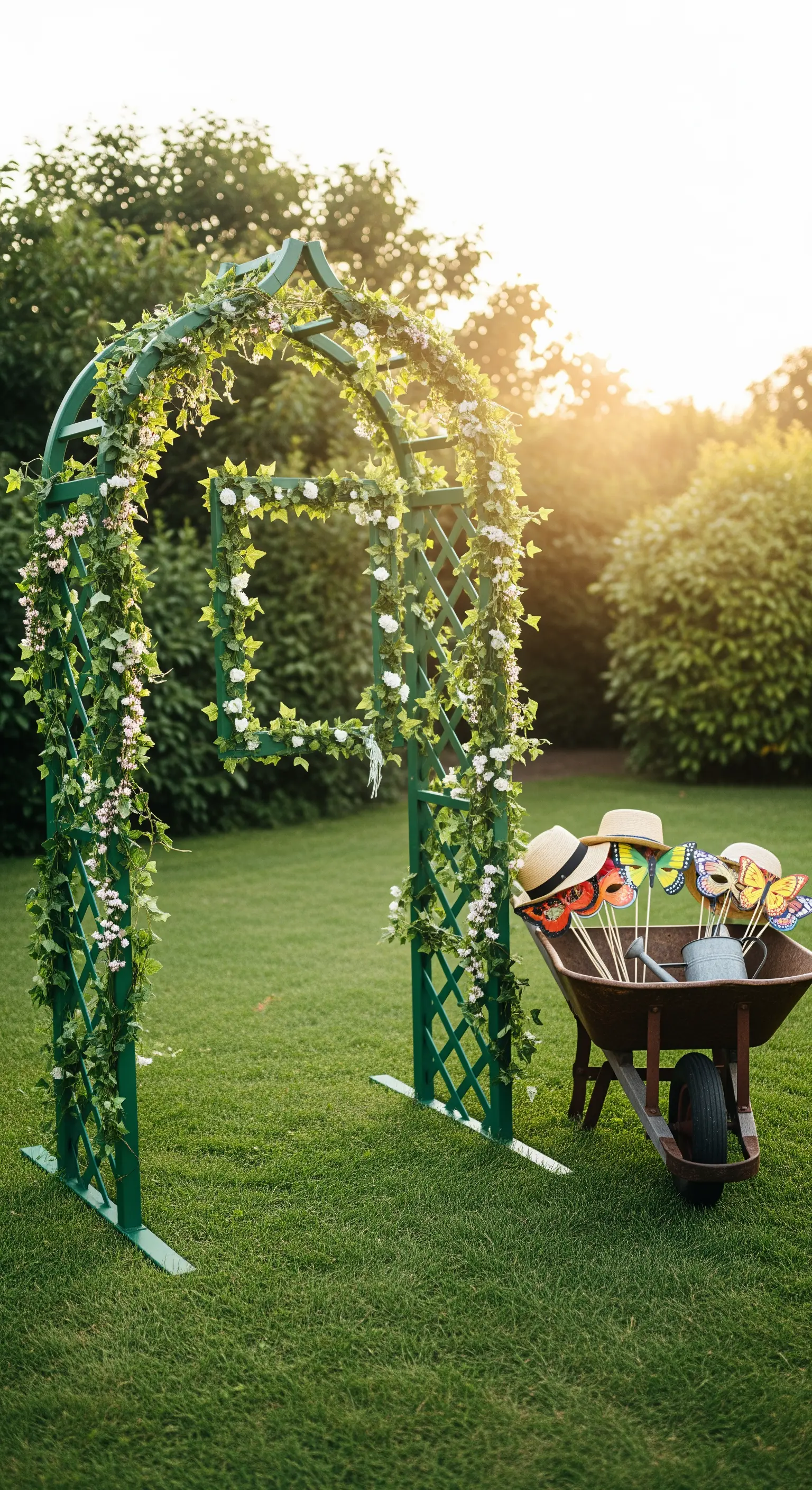 Arco da giardino verde ricoperto di edera con una cornice integrata, al tramonto.
