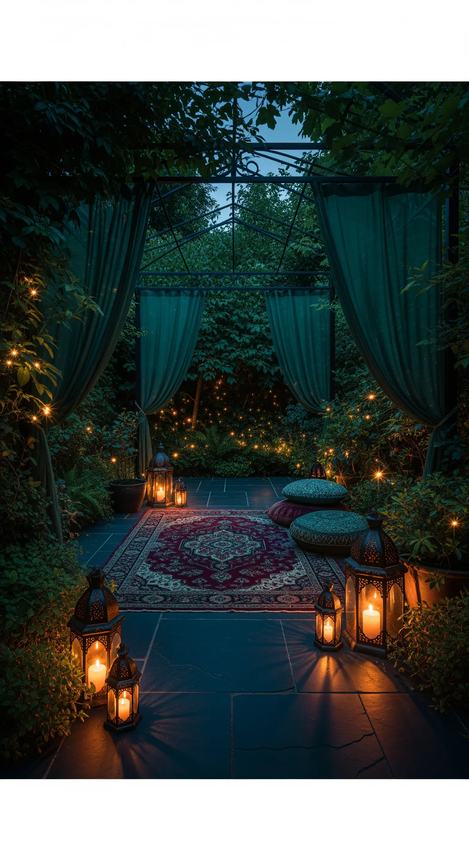 Angolo giardino nascosto con tende scure, tappeto persiano, cuscini e tante lanterne.