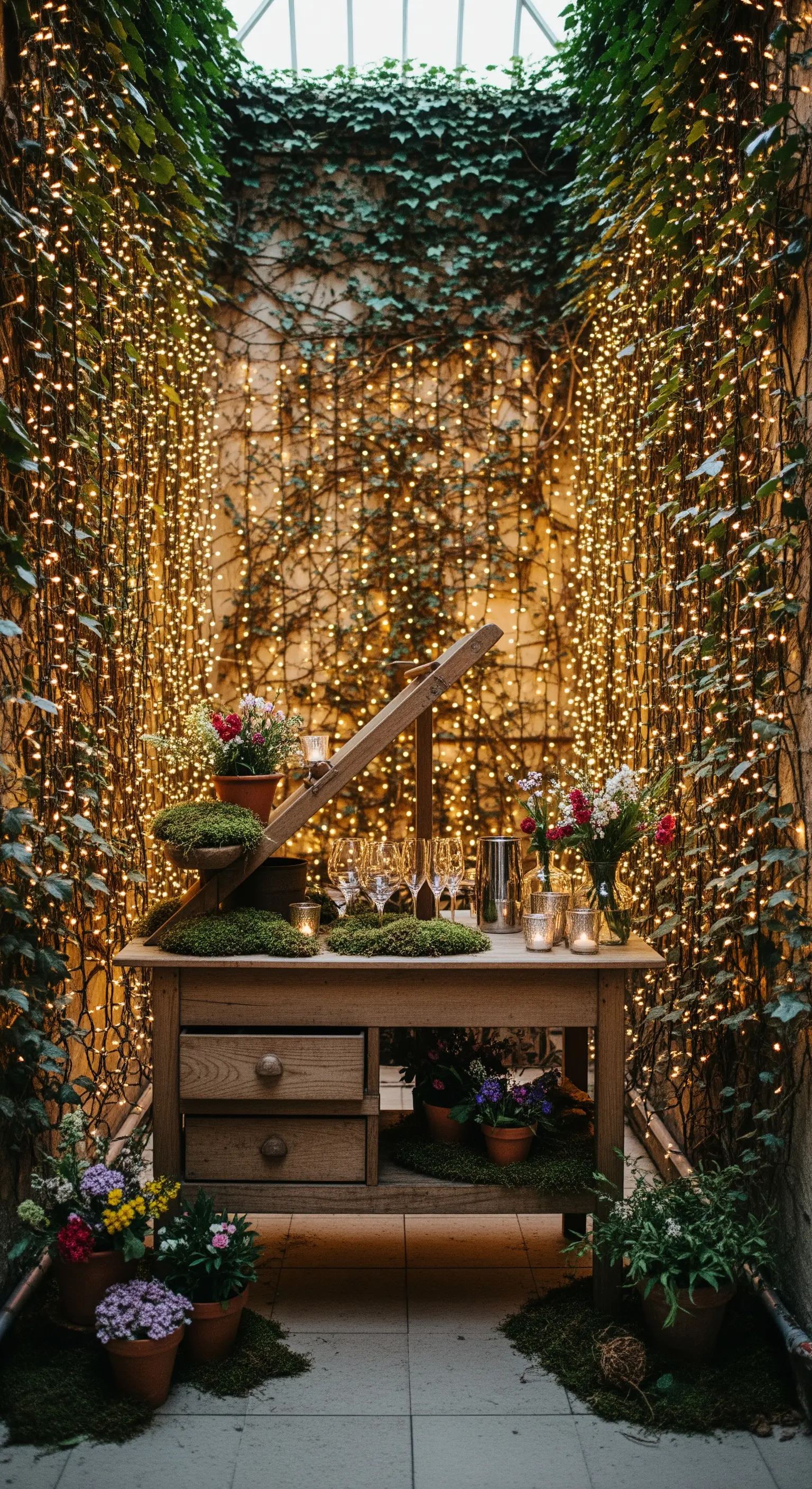 Angolo bar intimo incorniciato da una cascata di lucine, con tavolo in legno e muschio.