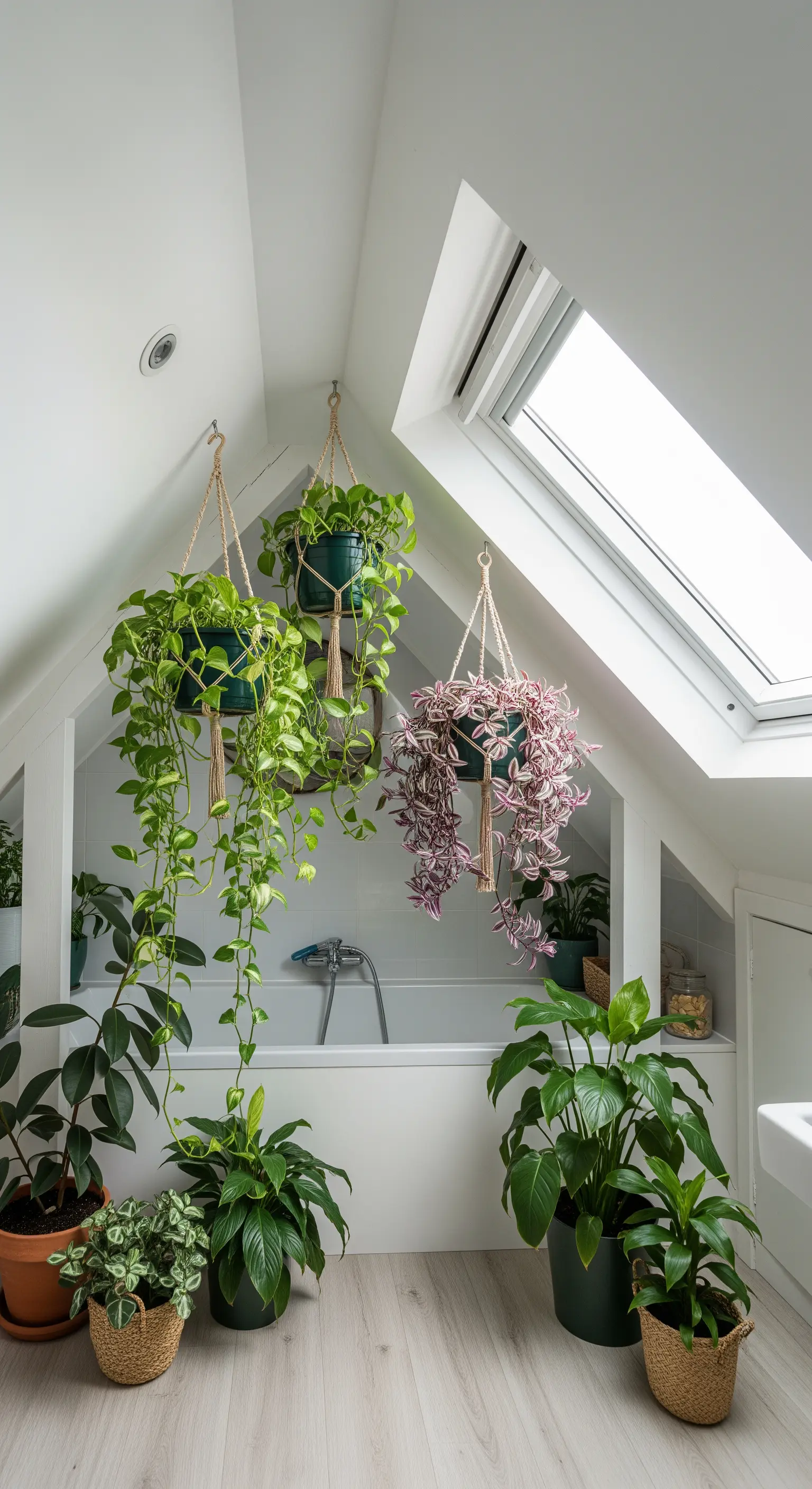 Piante pendenti appese alle travi di una mansarda sopra la vasca da bagno.