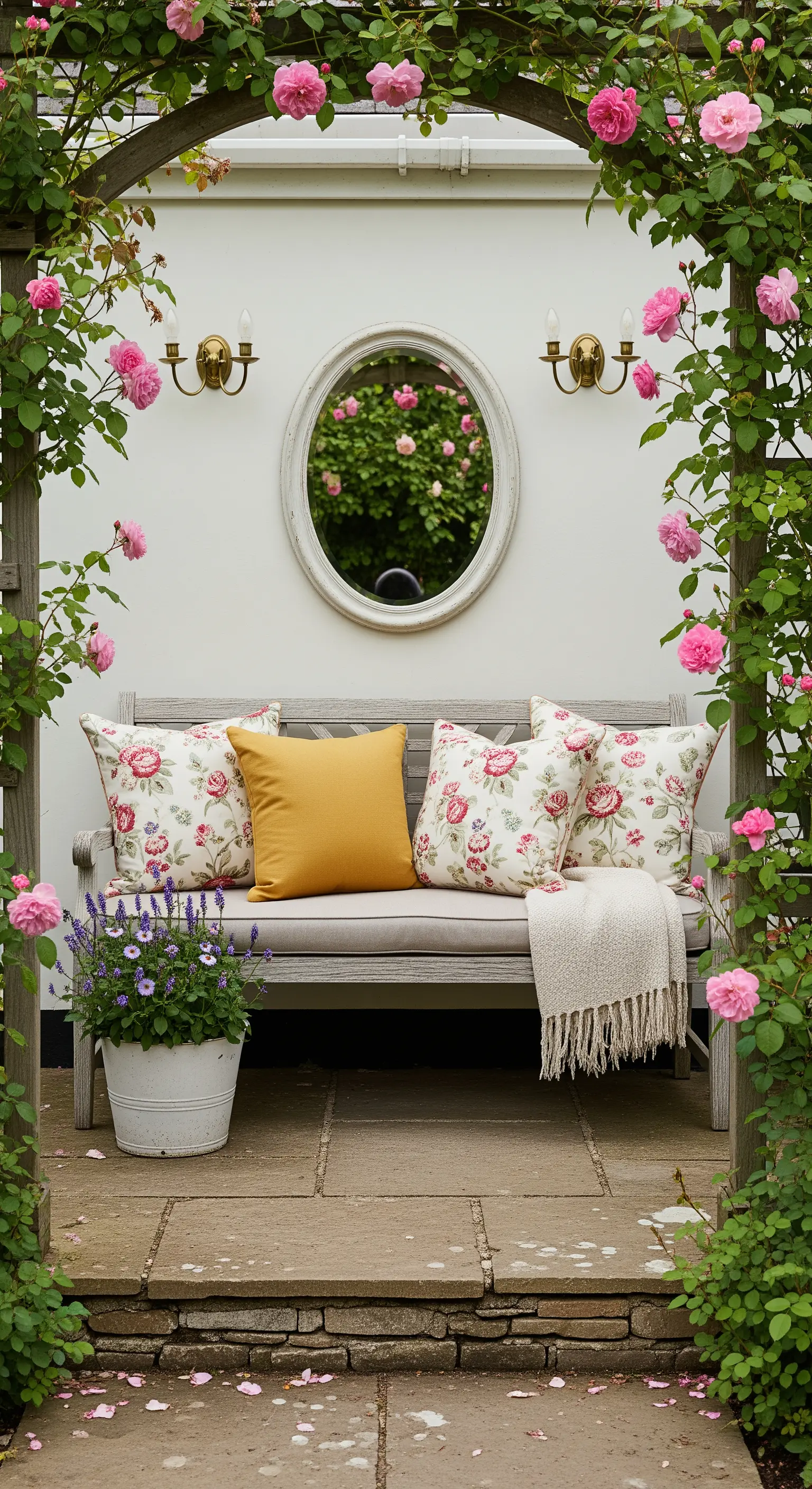Panca da giardino sotto un arco di rose con uno specchio ovale appeso al muro.