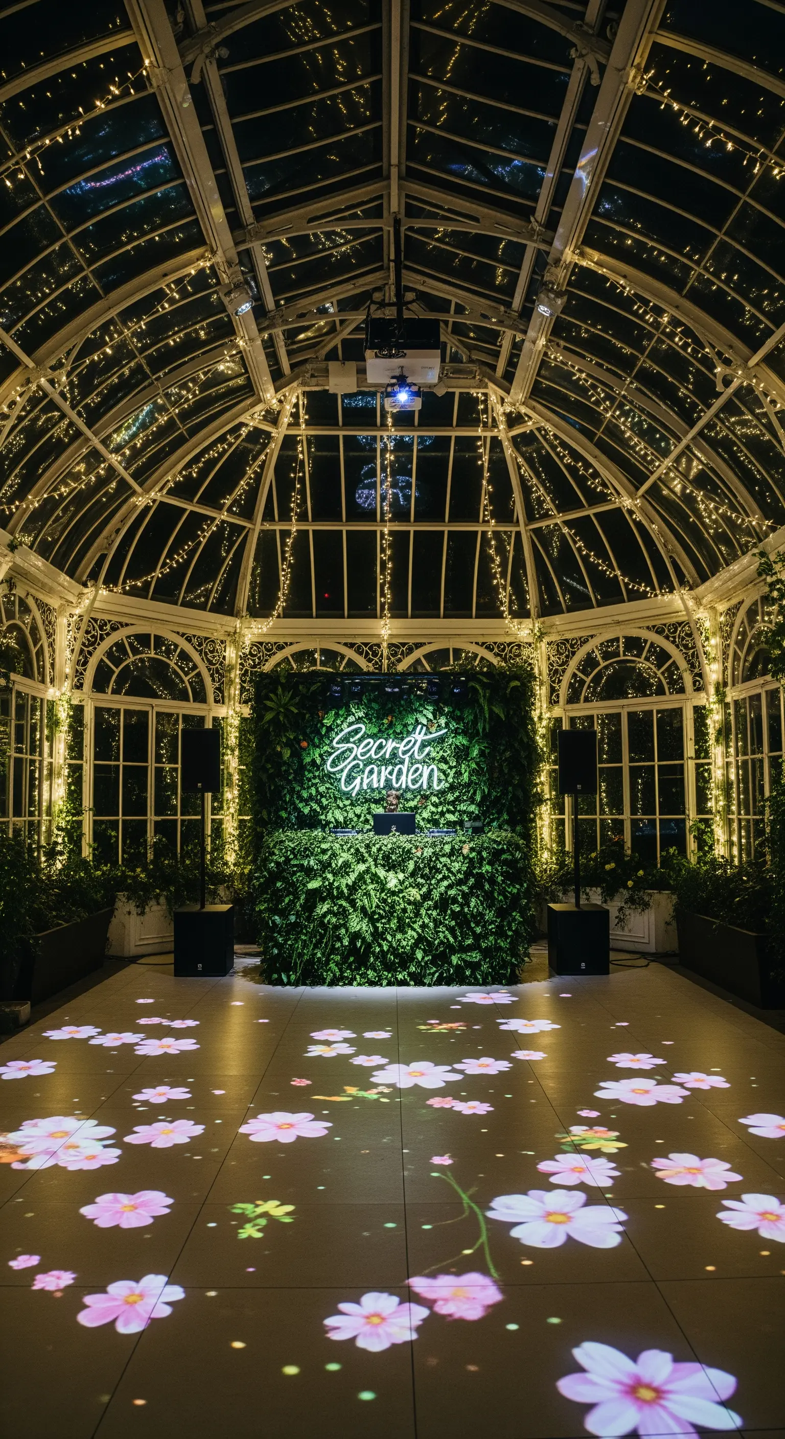 DJ booth davanti a una parete verde in una serra illuminata da lucine e proiezioni di fiori.