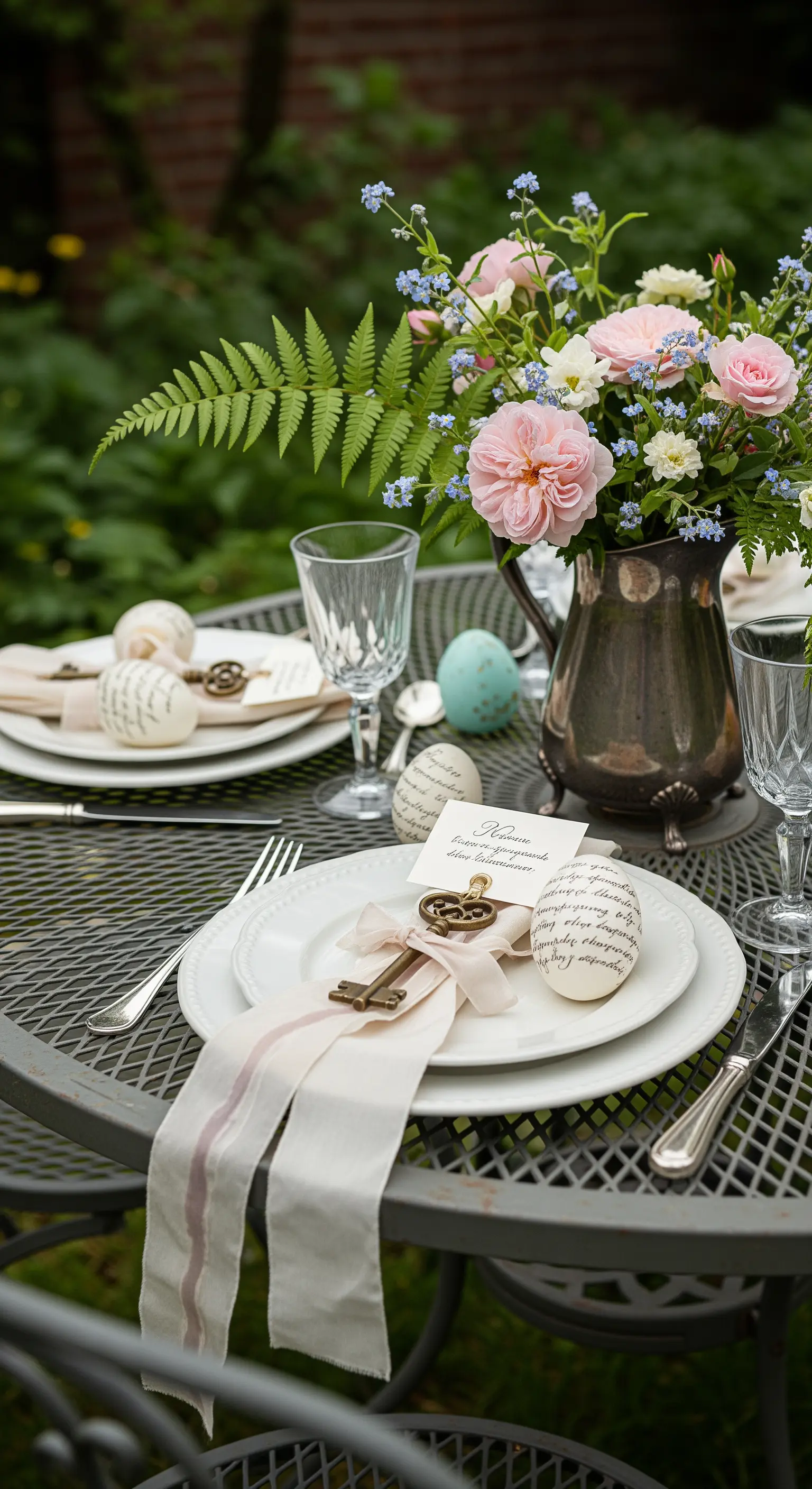 Tavola in giardino con segnaposto composto da uovo con calligrafia e una chiave antica.