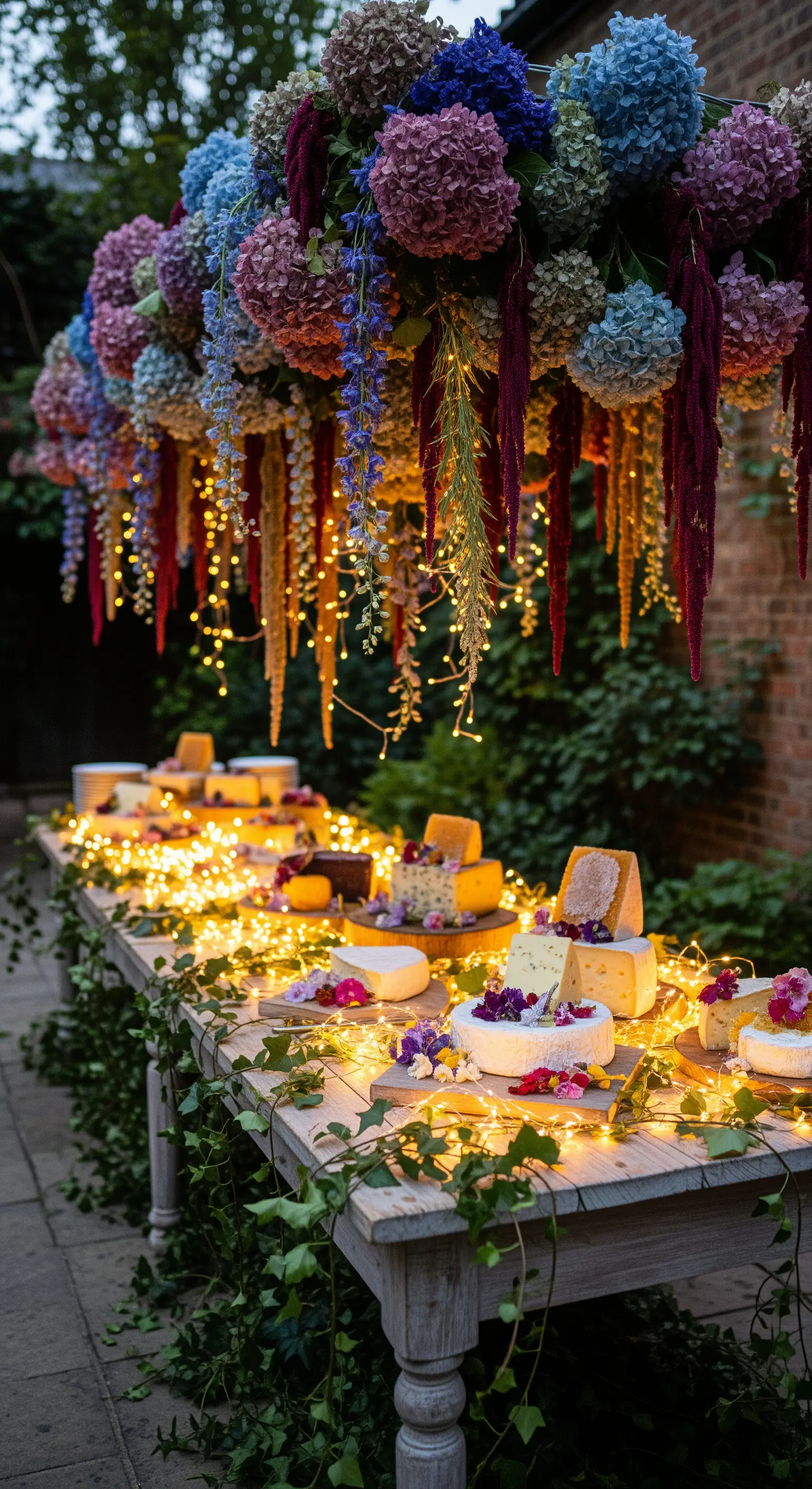 Tavolo da buffet in legno avvolto da lucine e sovrastato da una grande installazione floreale.
