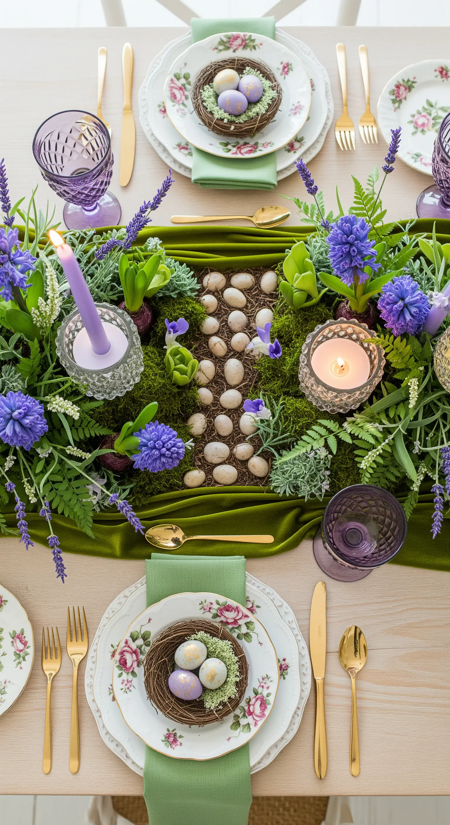Centrotavola pasquale con muschio, fiori viola, uova di quaglia e runner in velluto verde.