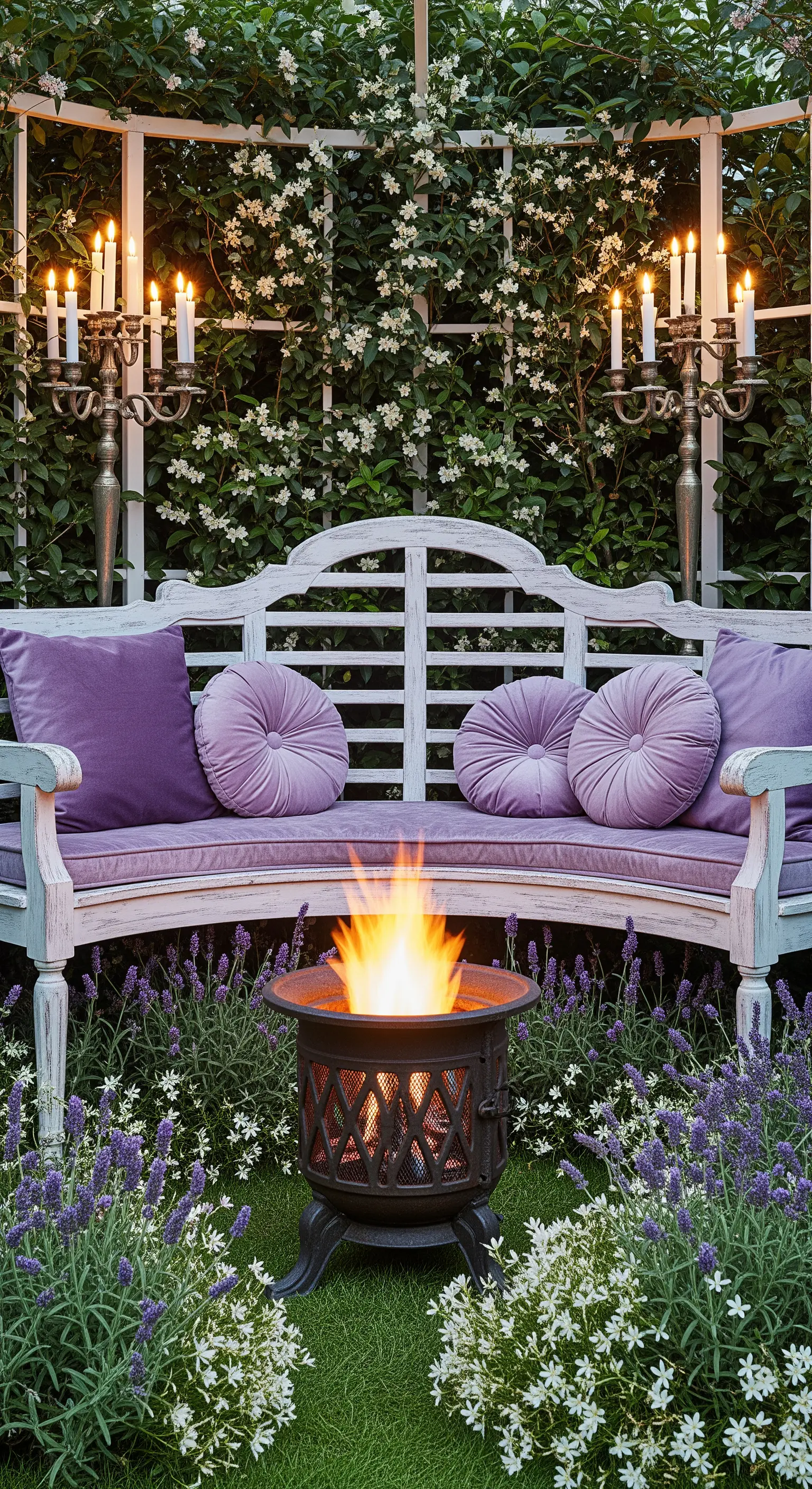 Panca lilla circondata da lavanda, con un braciere e candelabri d'argento in un giardino fiorito.
