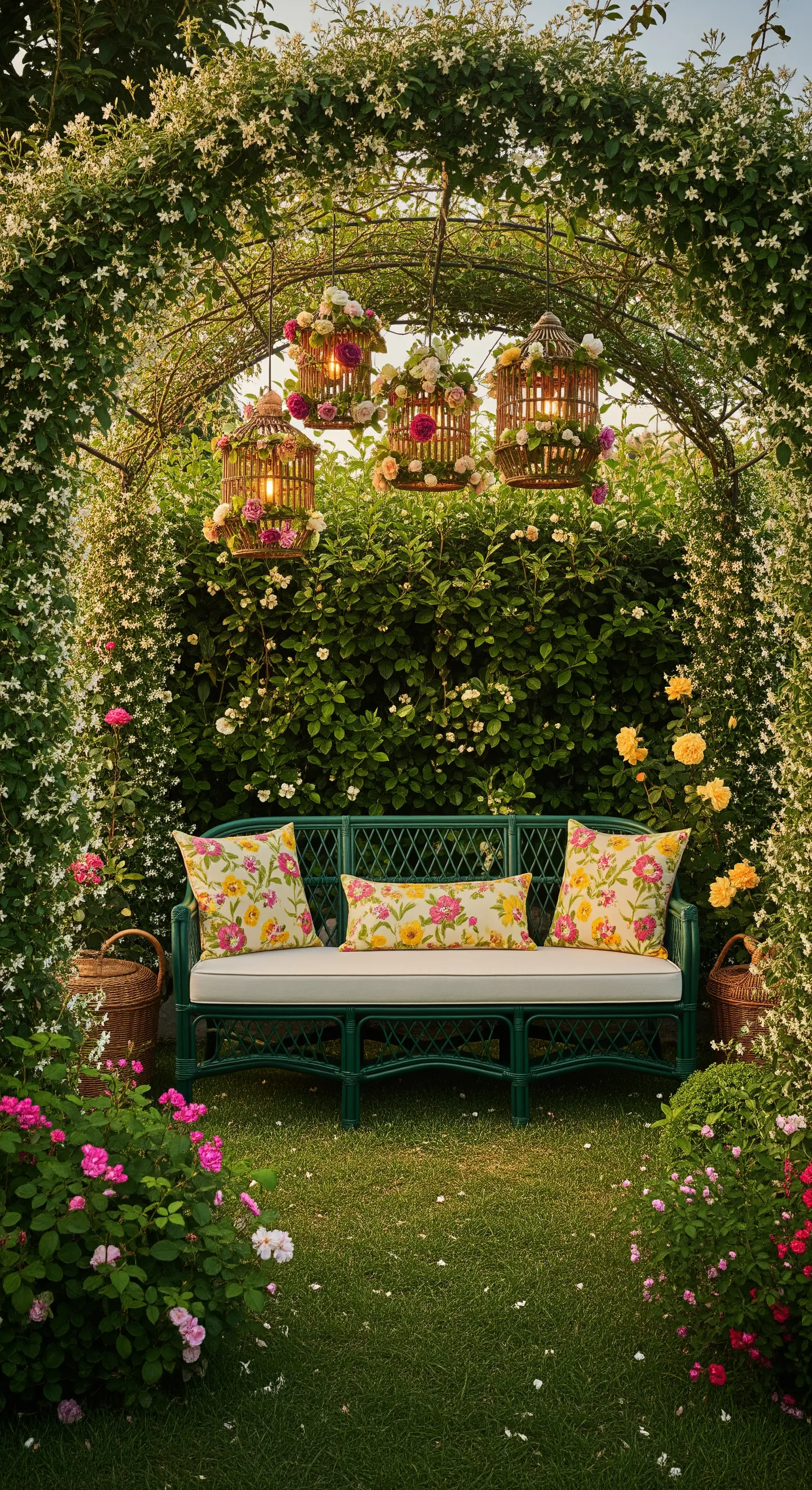 Panca verde sotto un arco fiorito, con lanterne a gabbietta e cuscini a fiori.