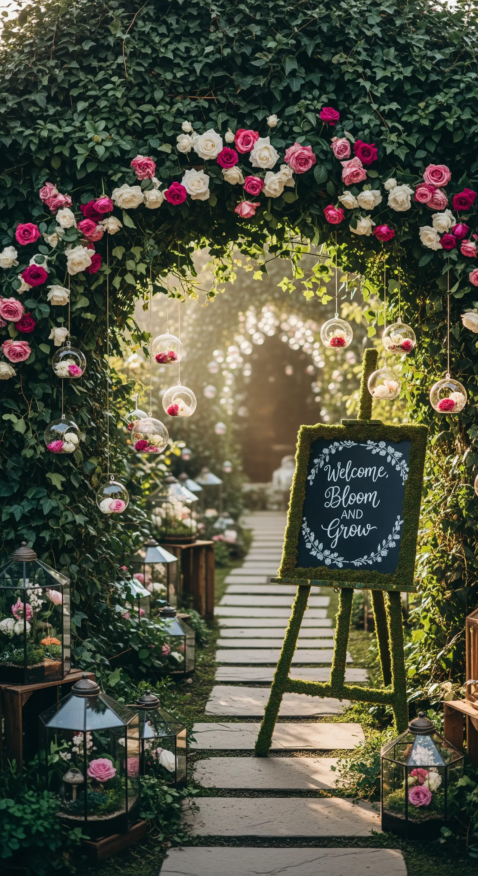 Arco di rose ed edera all'ingresso di un giardino, con sfere di vetro appese.