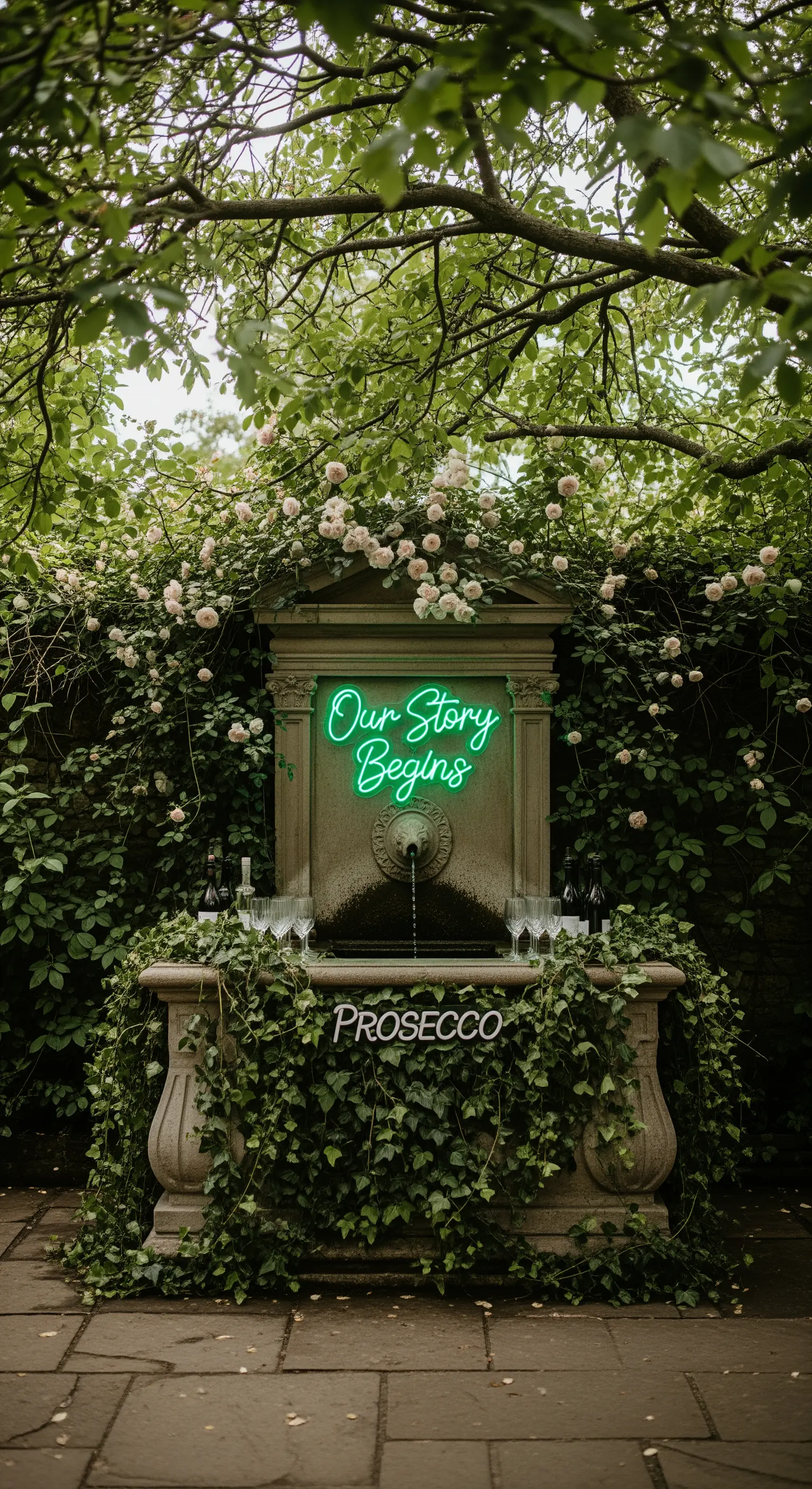 Fontana in pietra ricoperta d'edera con insegna 