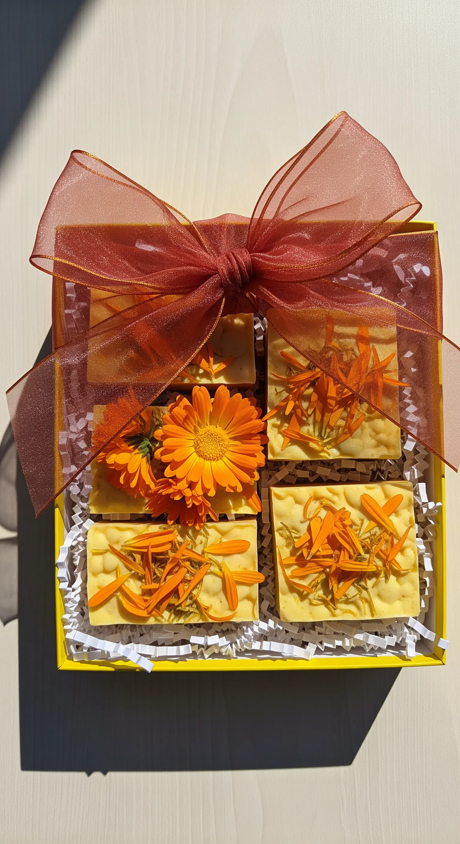 Saponi alla calendula in una scatola gialla, decorati con fiori e un fiocco di organza.