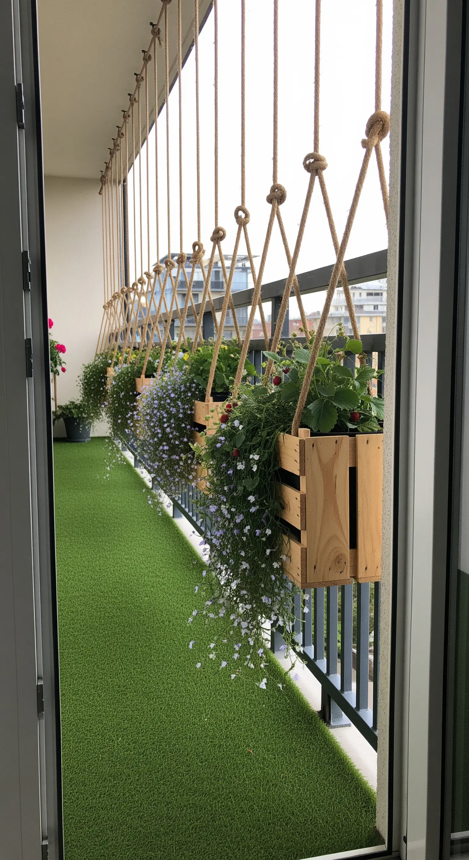 Cassette di legno fiorite appese con corde spesse alla ringhiera di un balcone.