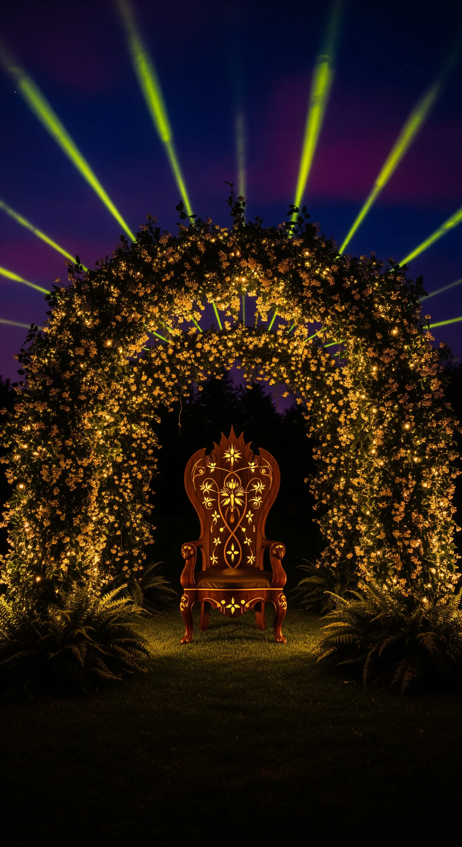 Trono in legno intagliato sotto un arco luminoso di notte, con faretti.