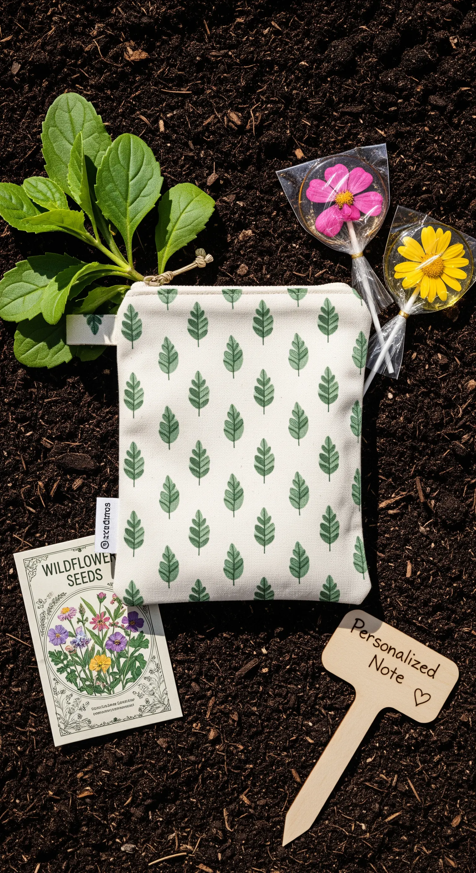 Pochette con motivo a foglie, semi di fiori selvatici e lecca-lecca floreali su un letto di terra.