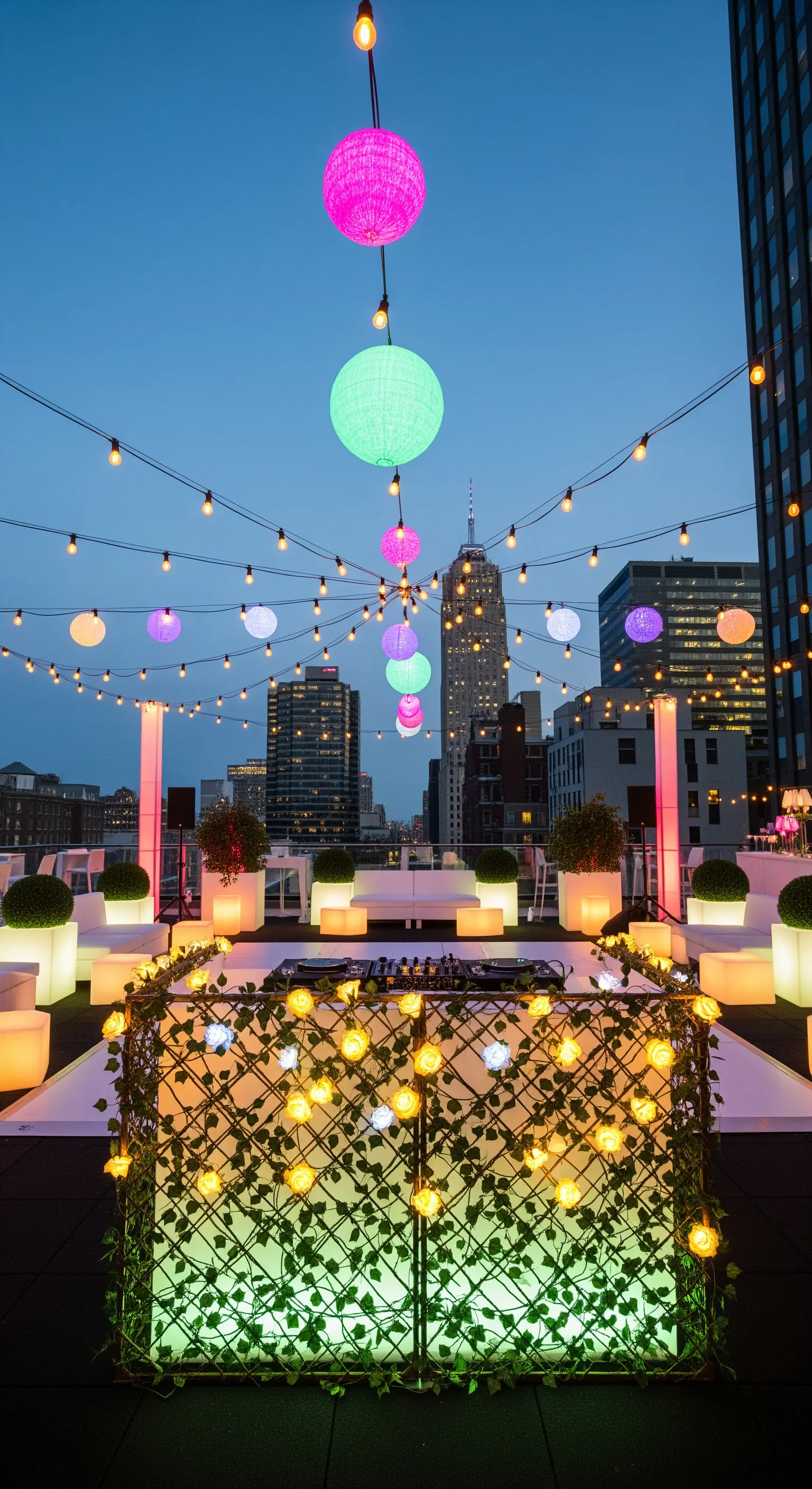 DJ booth su un rooftop, decorato con una rete di rose luminose e lanterne sospese.