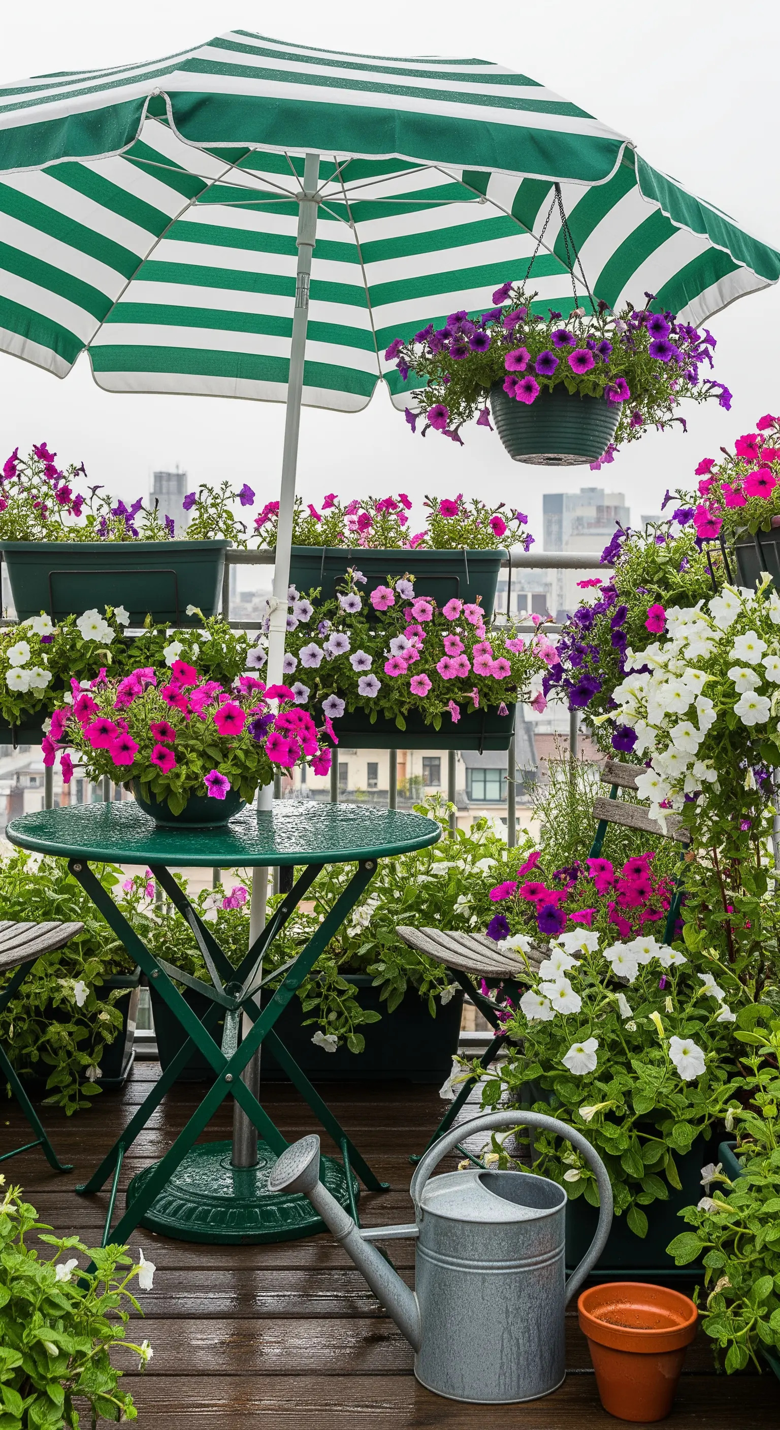 Balcone rigoglioso di fiori con un ombrellone a righe verdi e bianche e arredi coordinati.