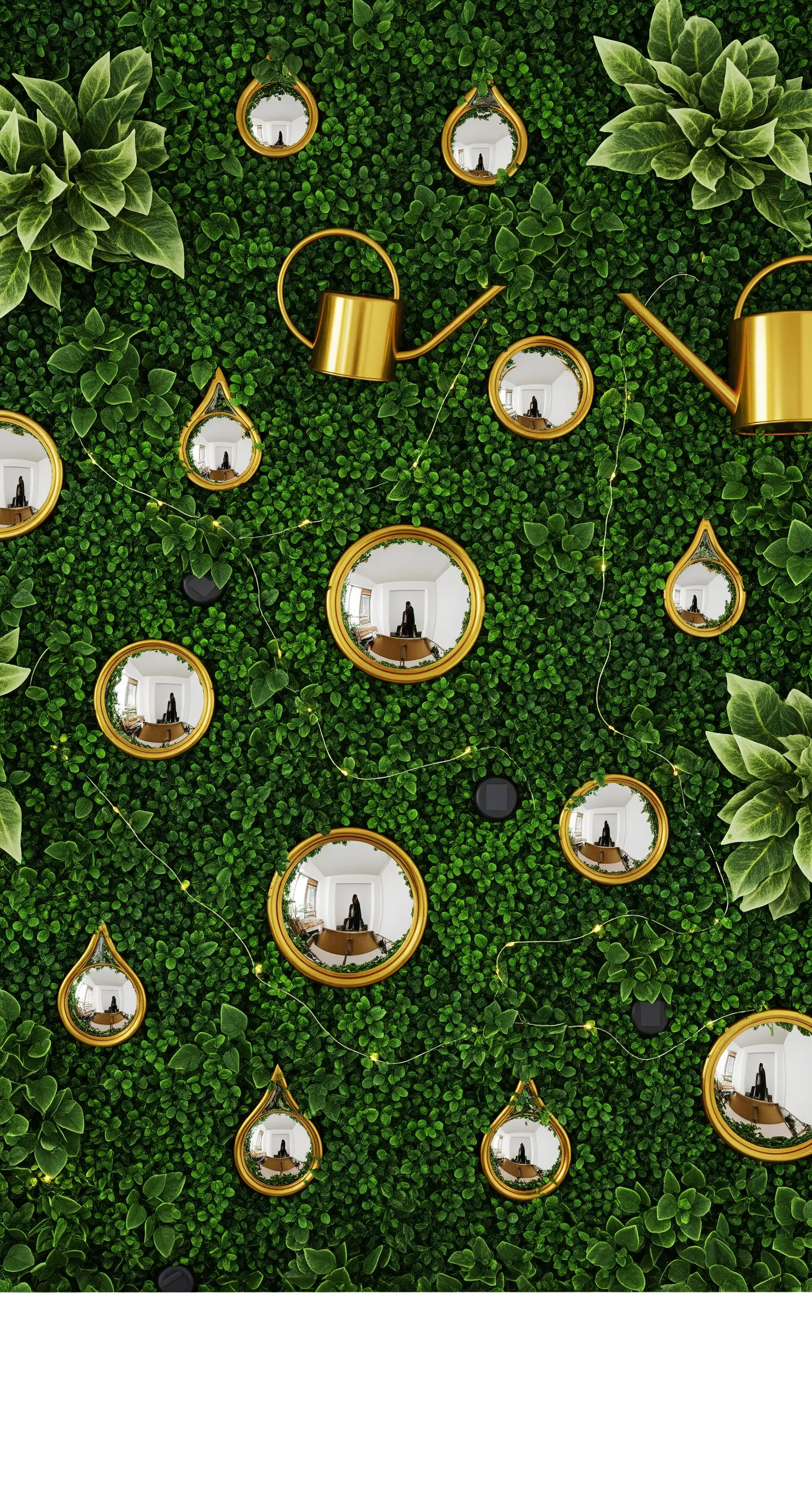 Parete verde verticale decorata con piccoli specchi convessi dorati e annaffiatoi