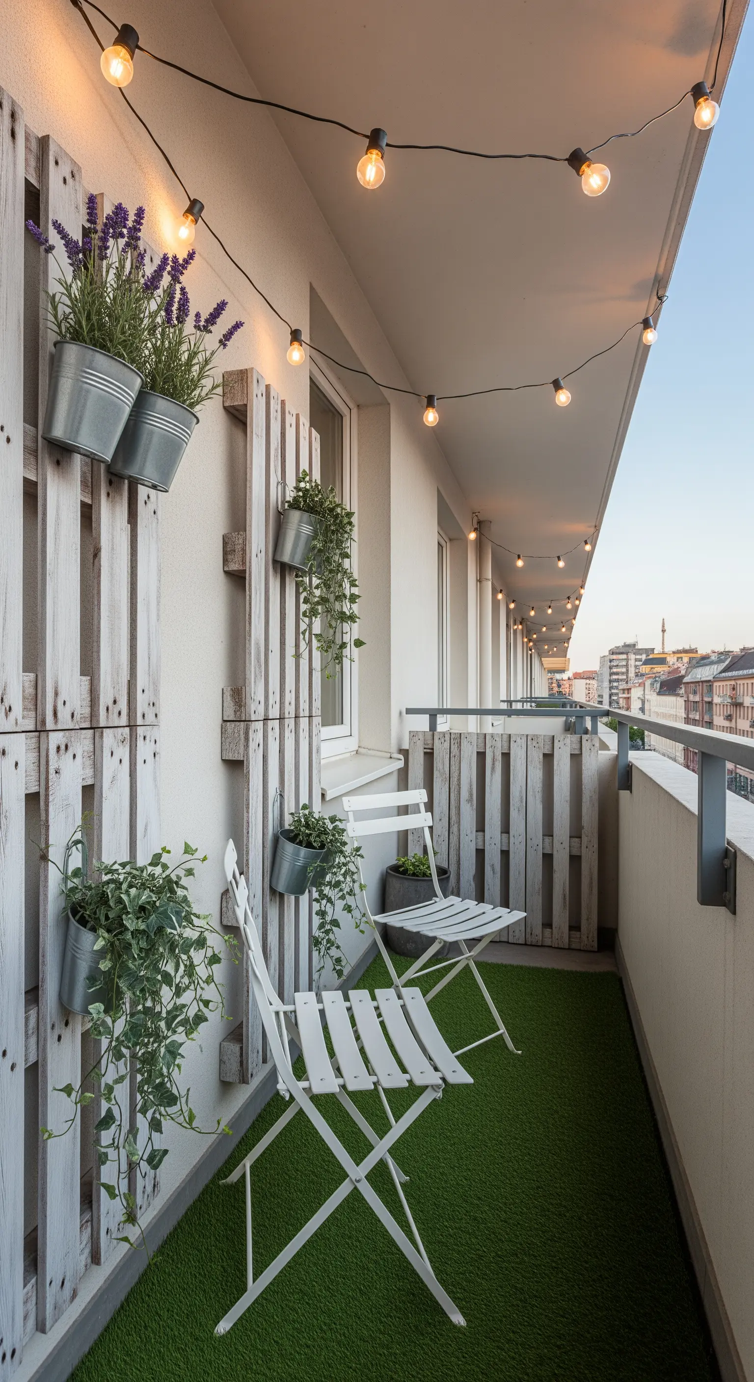 Balcone stretto con pallet trasformato in fioriera verticale e una fila di luci a bulbo