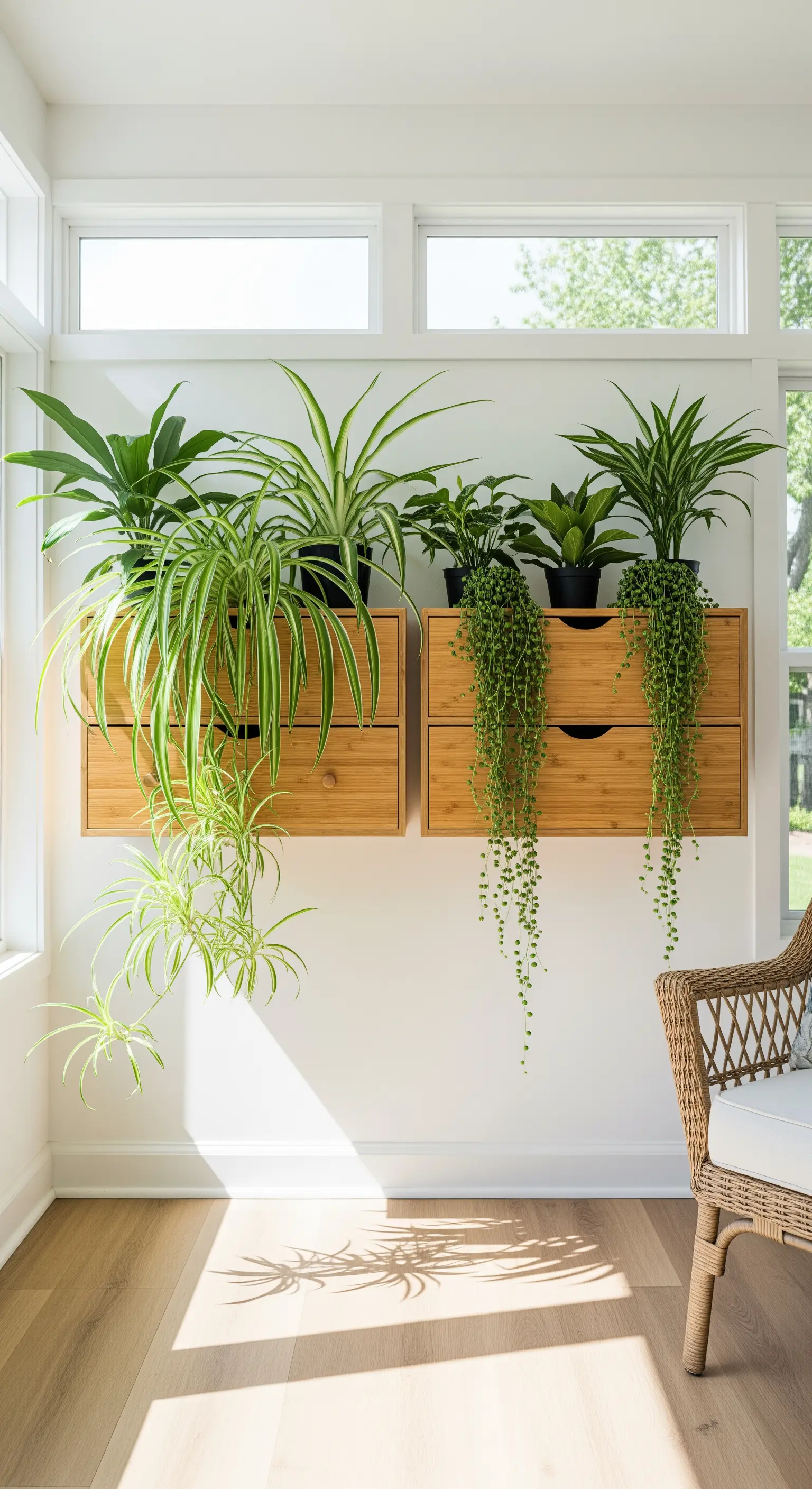Due cassettiere in bambù montate a parete, utilizzate come fioriere per piante da interno rigogliose.