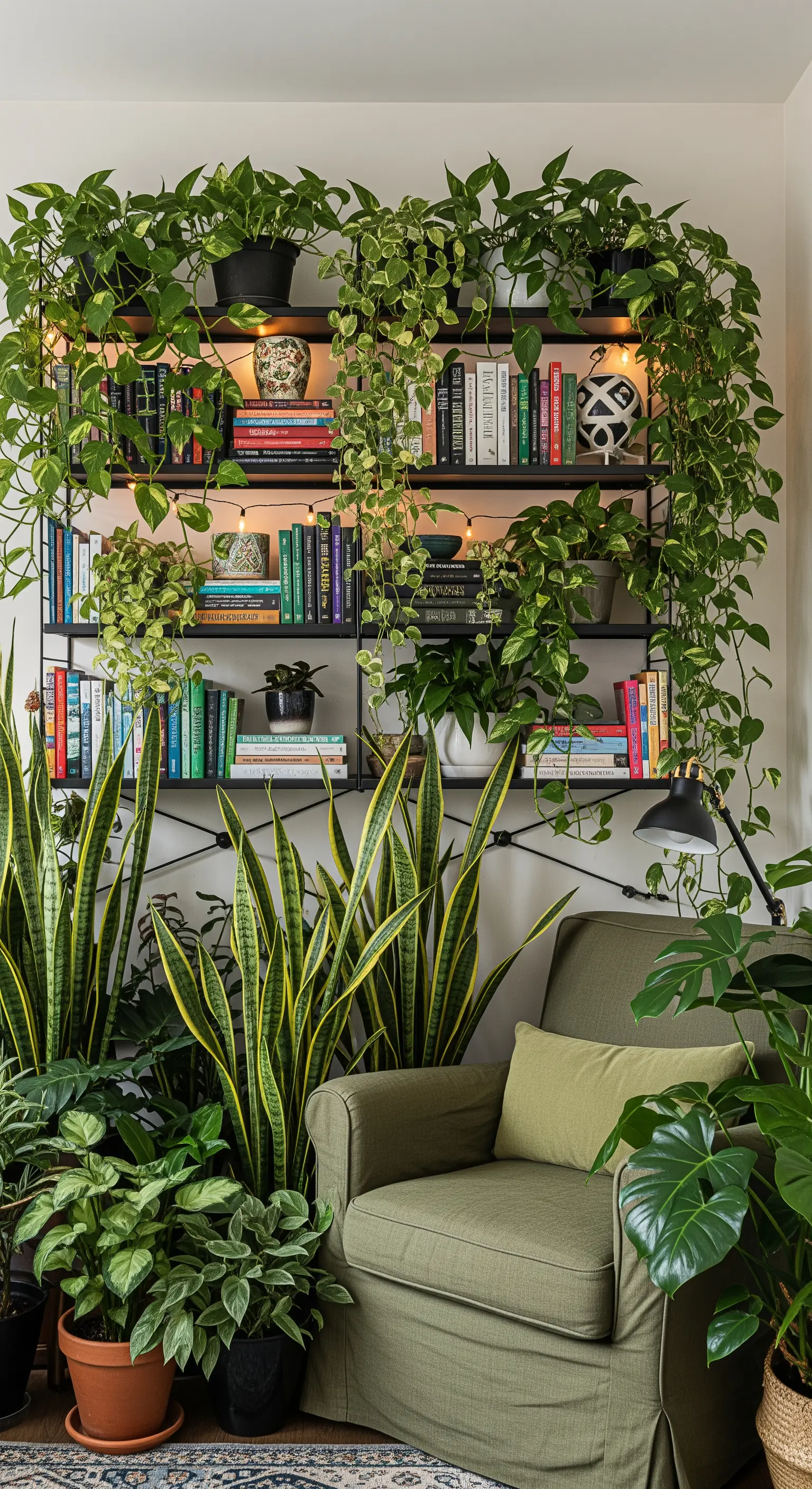 Libreria nera ricoperta di piante rampicanti e in vaso, con una poltrona verde.