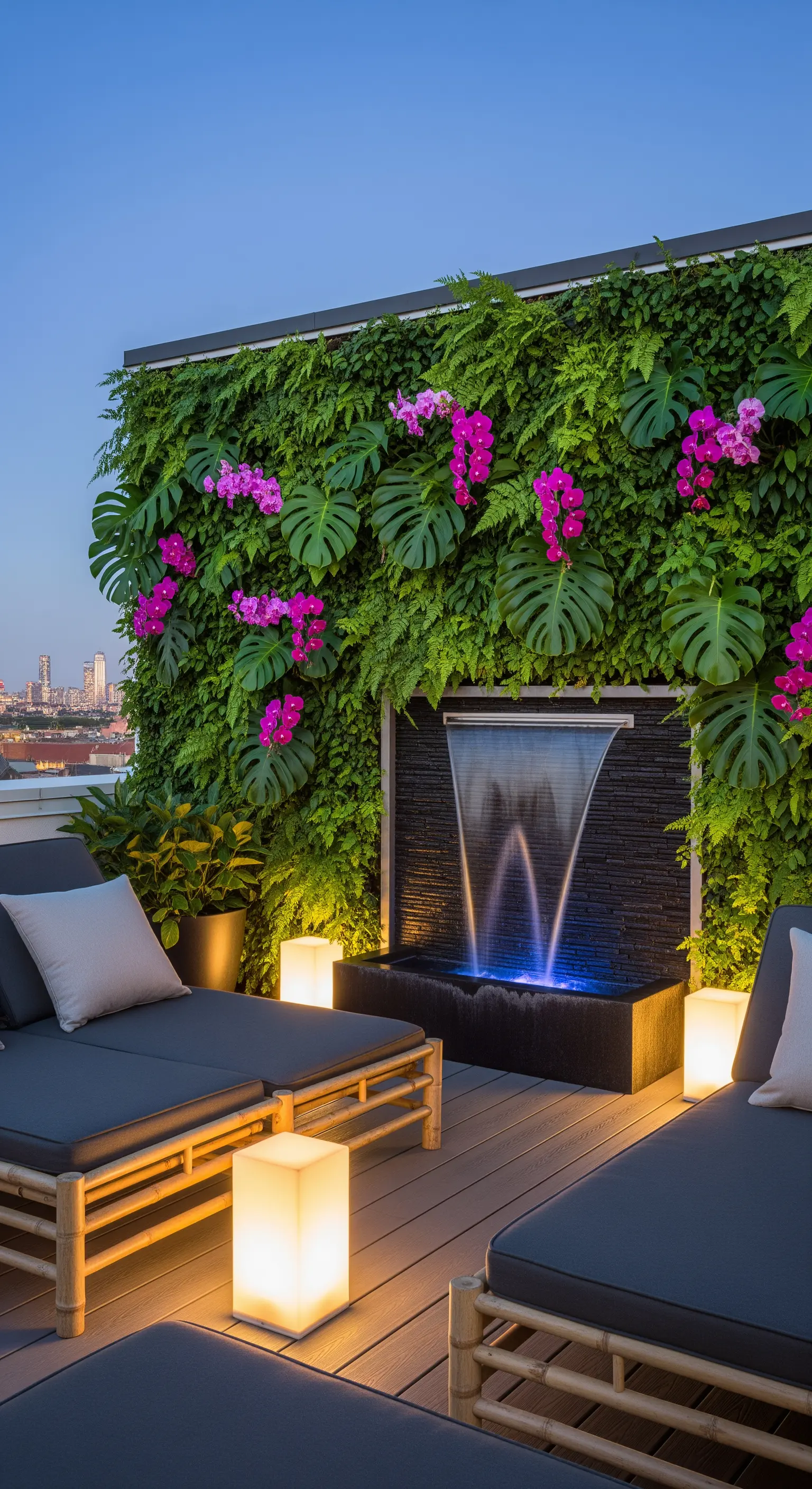 Parete verde con orchidee fucsia e cascata su una terrazza moderna con lettini in bambù.