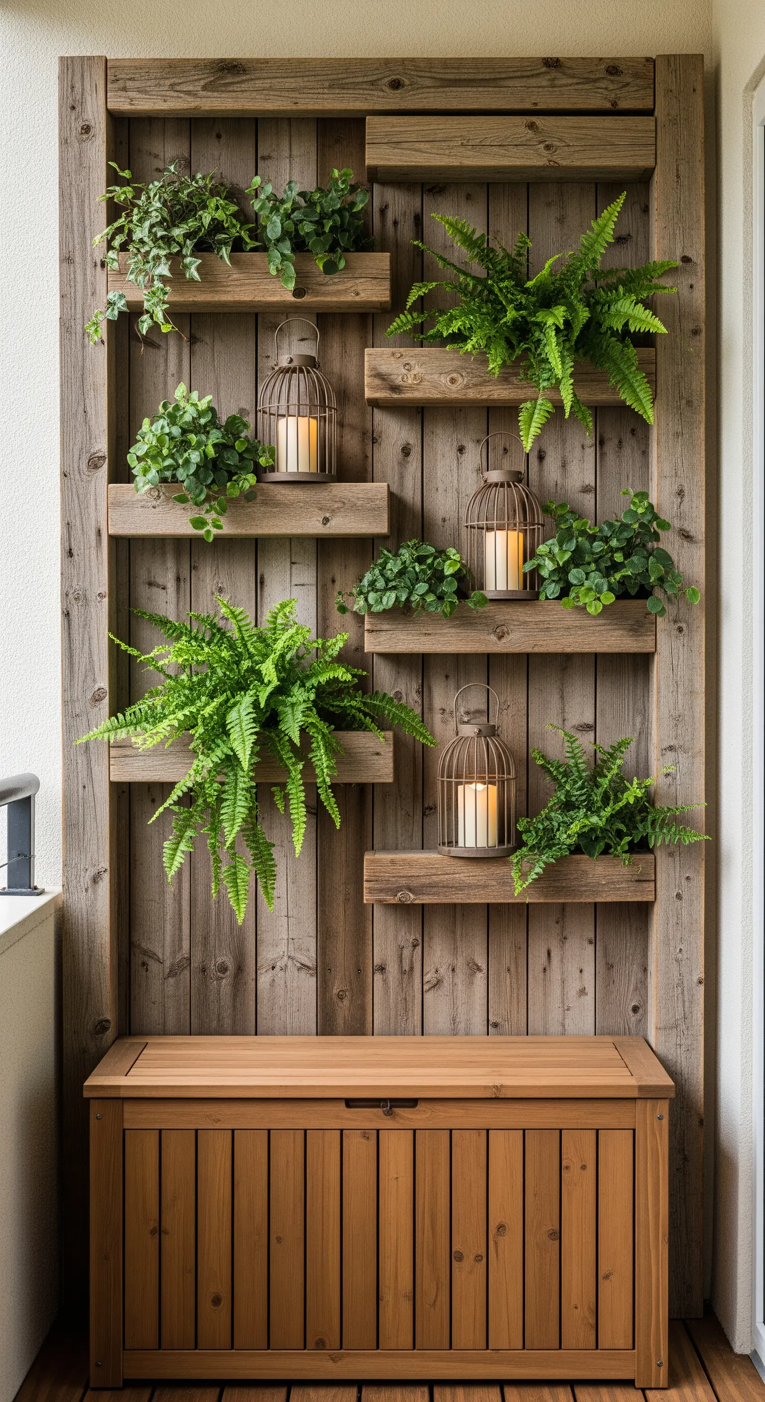 Struttura verticale in legno con mensole per piante e piccole lanterne a gabbia.