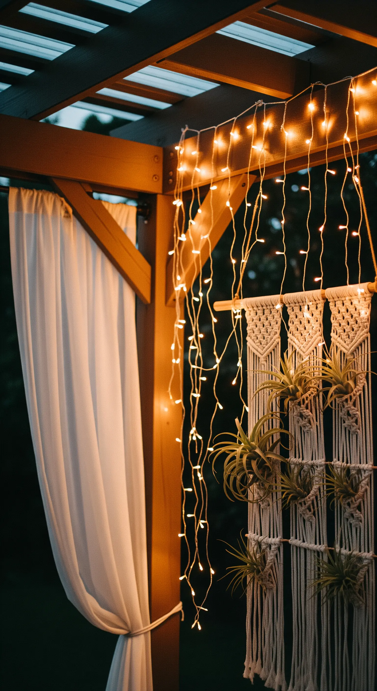 Decorazione murale in macramè con piante aeree, illuminata da lucine.