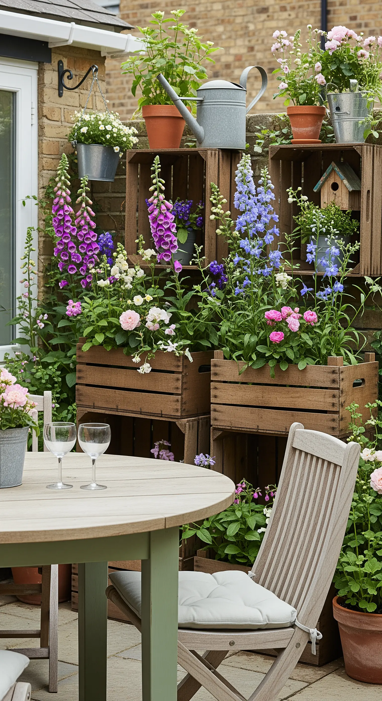 Composizione verticale di cassette di legno colme di fiori colorati in stile cottage garden