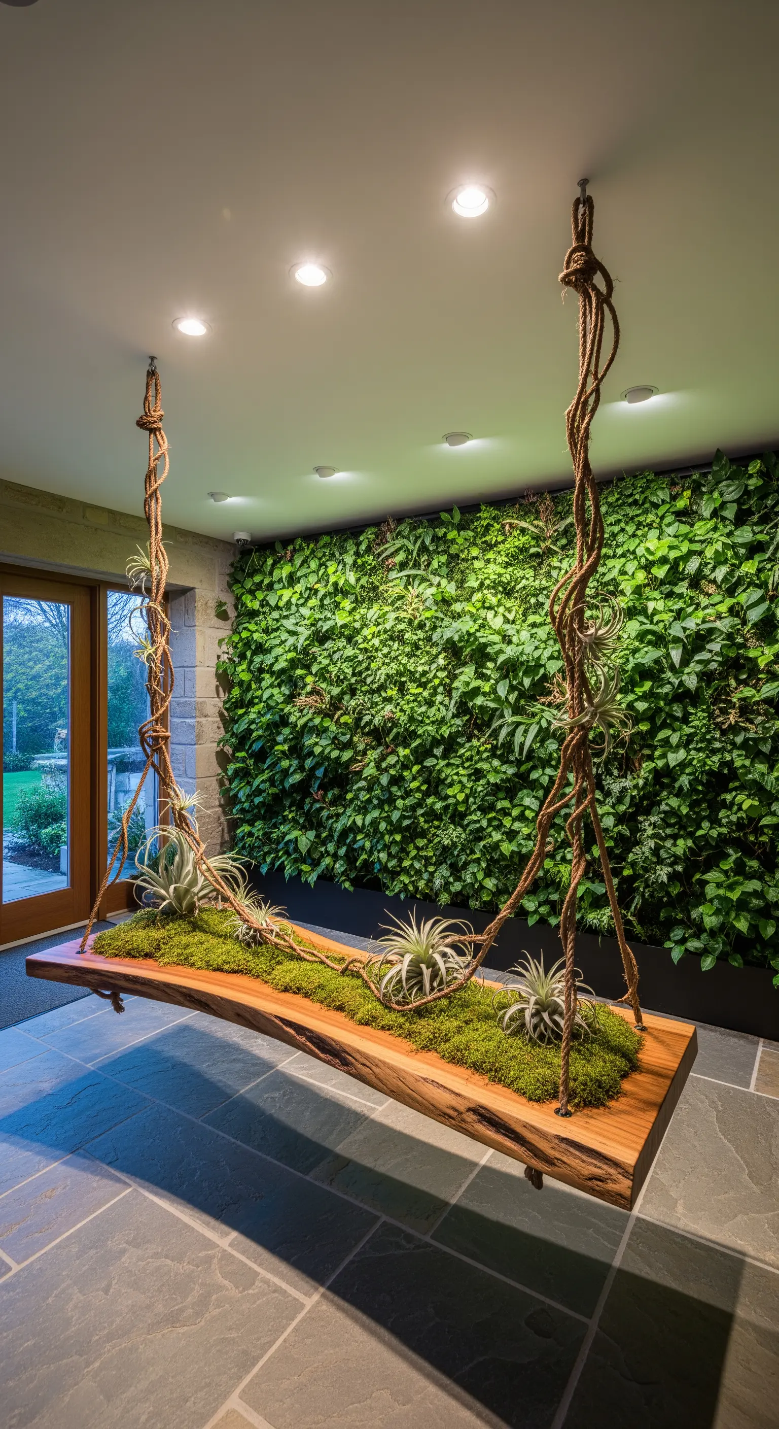 Panca sospesa in legno con muschio e piante, di fronte a una parete verde verticale.