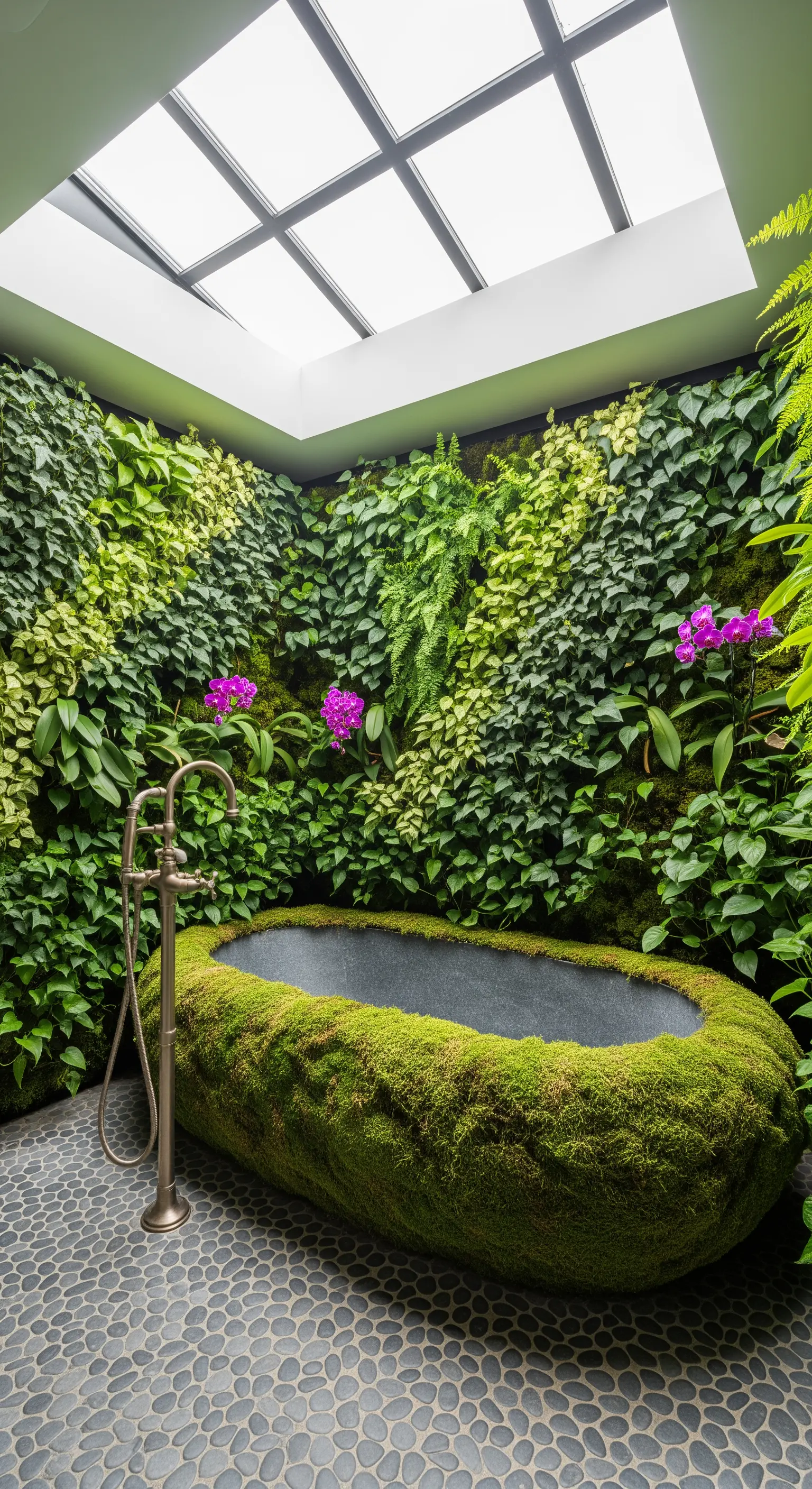 Vasca ricoperta di muschio in un bagno con pareti verdi verticali e lucernario.