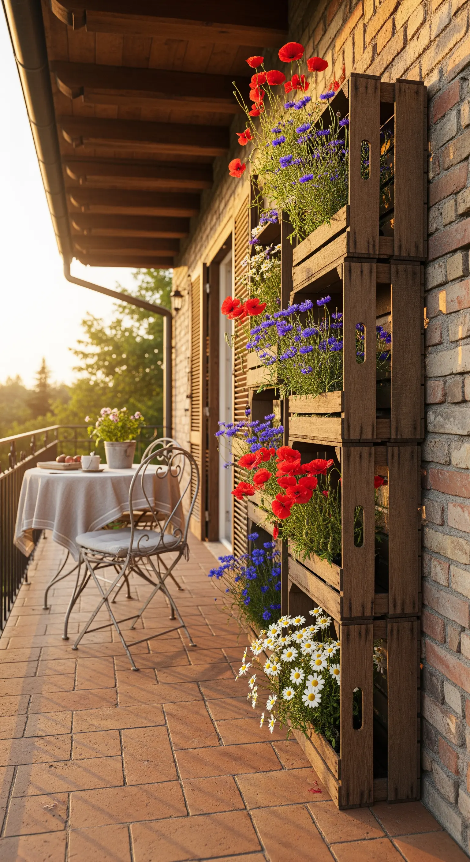Struttura verticale di cassette di legno con papaveri e fiordalisi su un balcone in cotto.