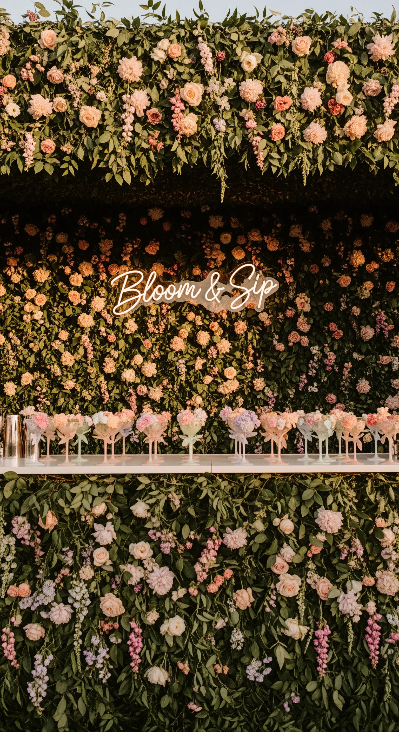 Bancone bar interamente ricoperto da una parete di fiori freschi con insegna al neon.