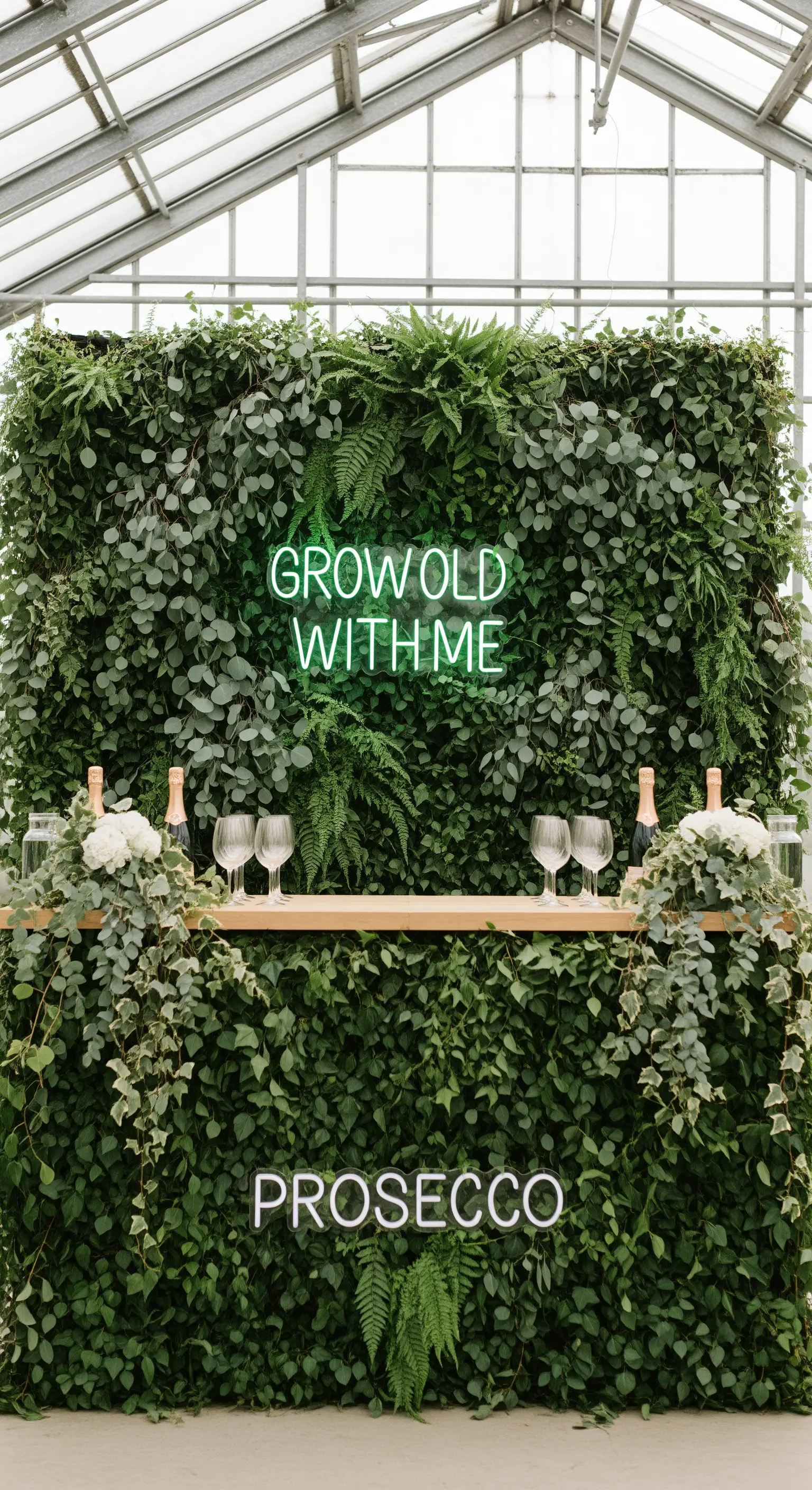 Prosecco bar integrato in una parete verde con edera e insegna 