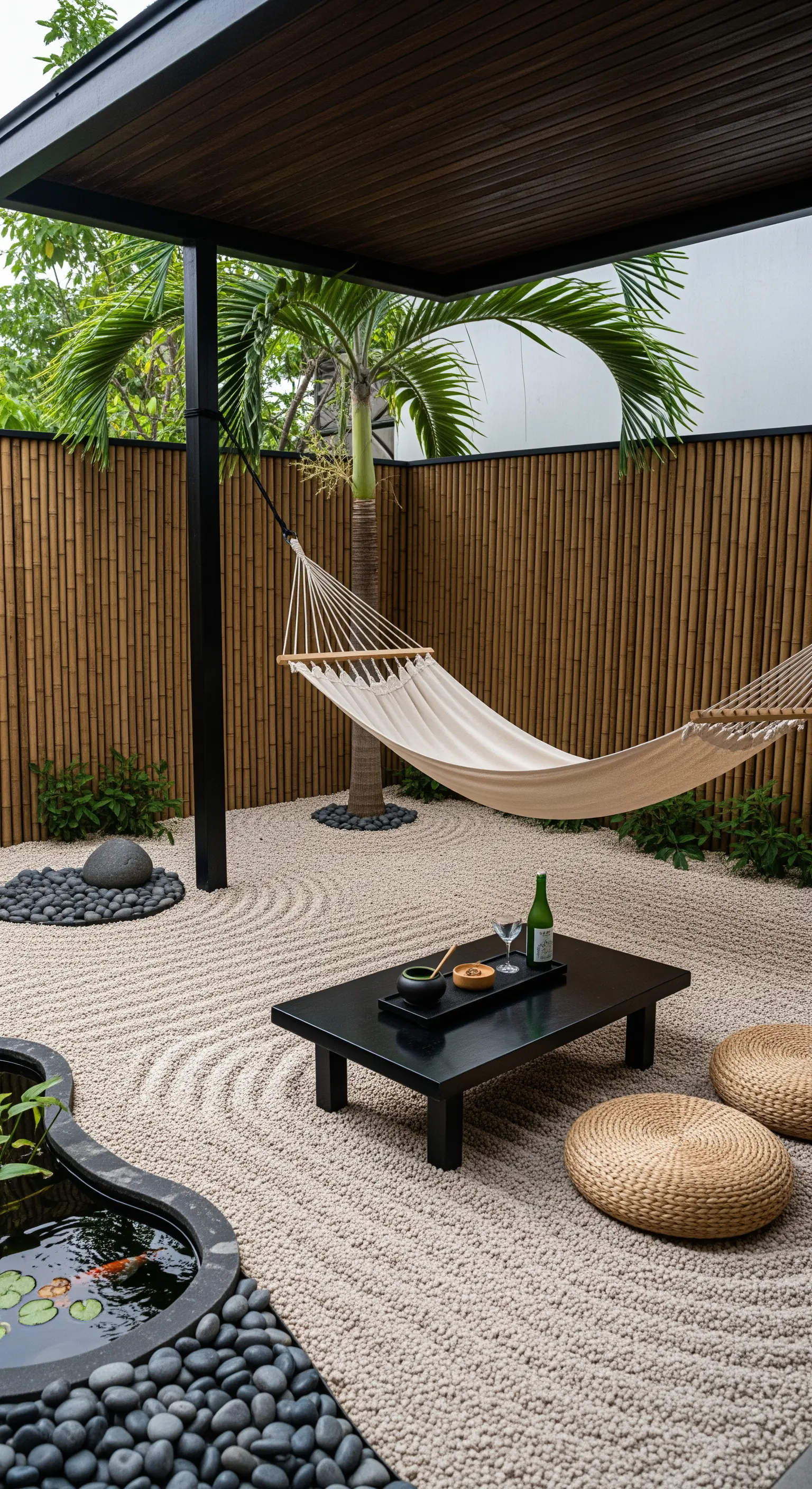 Giardino zen con sabbia rastrellata, laghetto, amaca e tavolino basso per il tè.