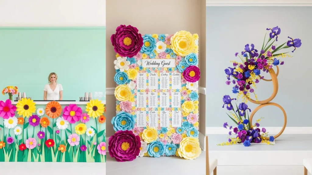Decorazioni con giganti fiori di carta colorati e backdrop pastello per un vivace party nuziale, inclusi un banco bar e un tableau de mariage.