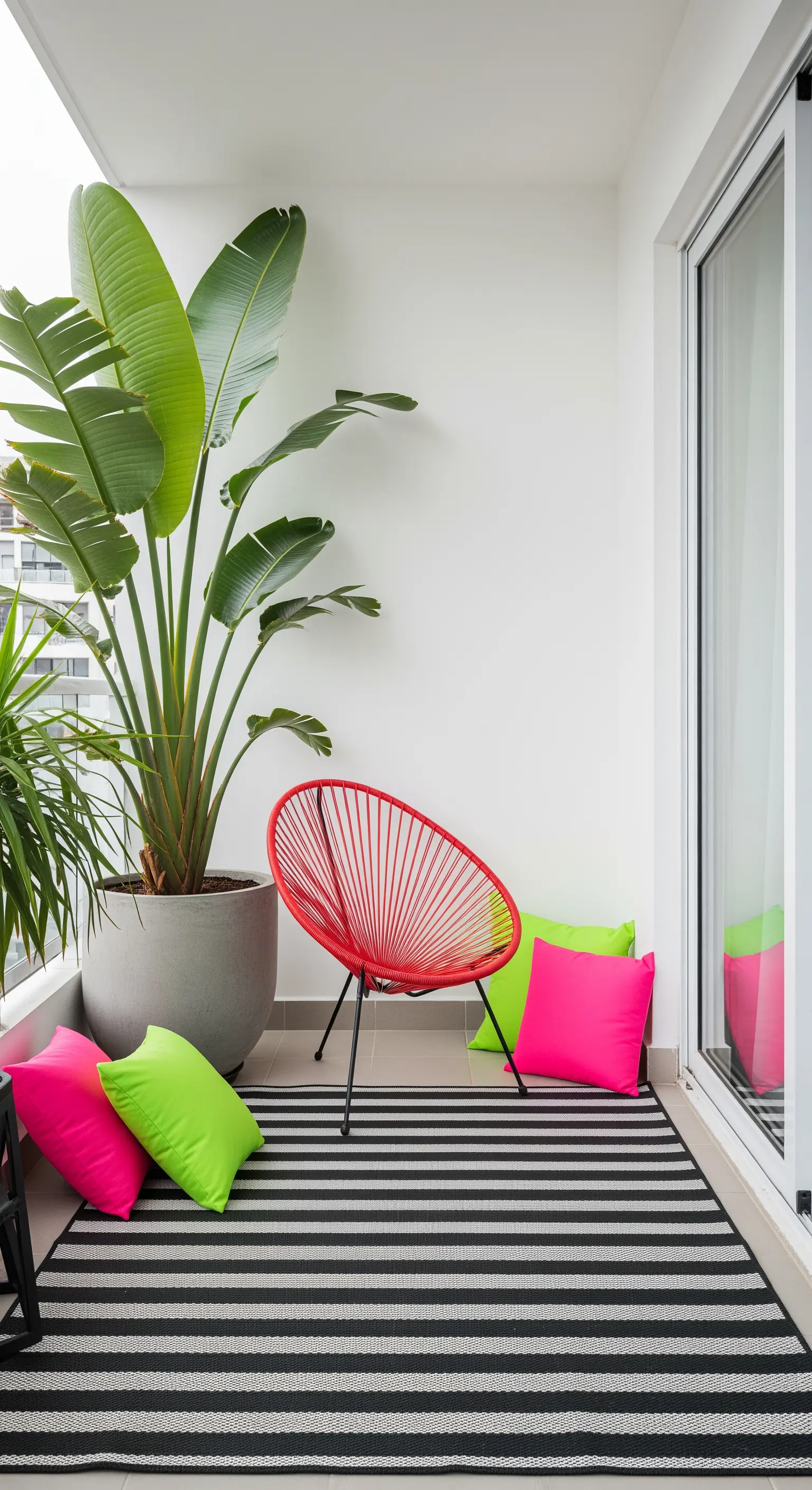 Balcone minimalista con sedia Acapulco rossa, tappeto a righe e cuscini neon.