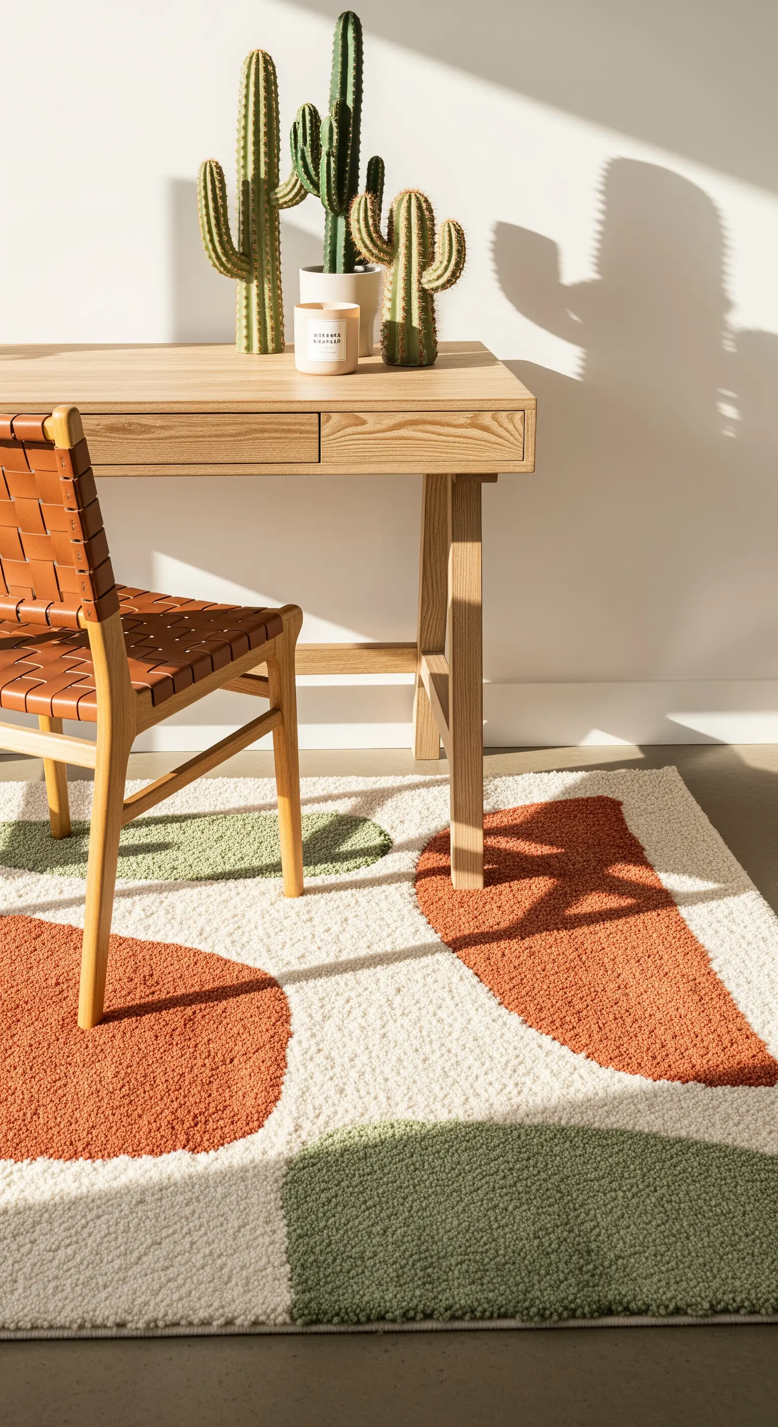 Scrivania in legno chiaro con sedia in pelle e un tappeto con forme astratte color terracotta e verde.