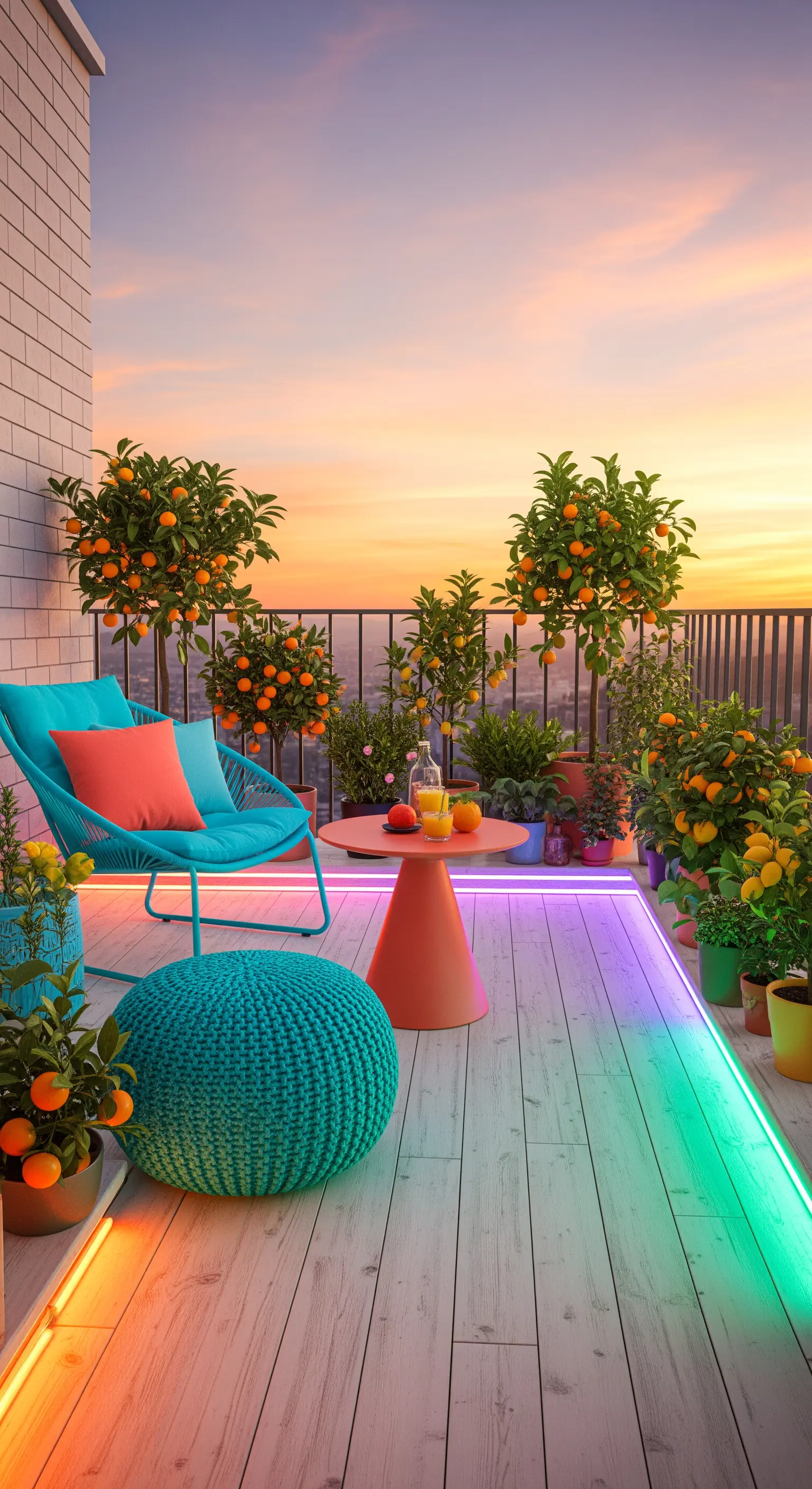 Balcone colorato con arredi turchesi, piante di agrumi e luci a LED cangianti