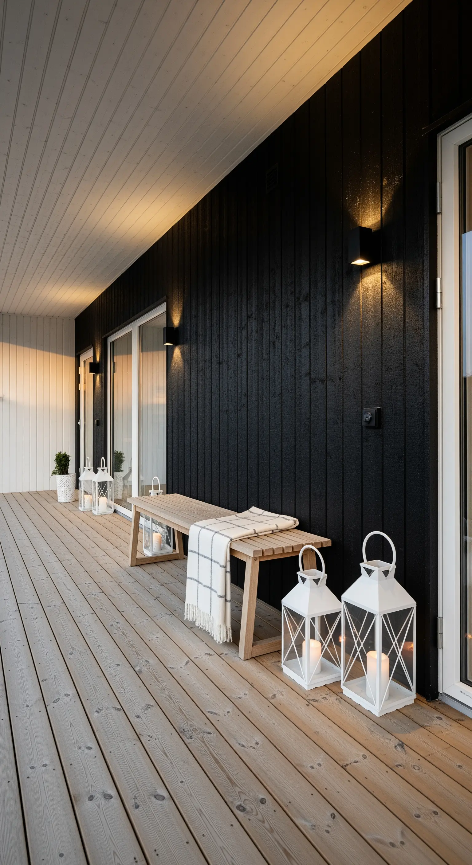 Panca in legno chiaro e lanterne bianche contro una parete esterna verniciata di nero