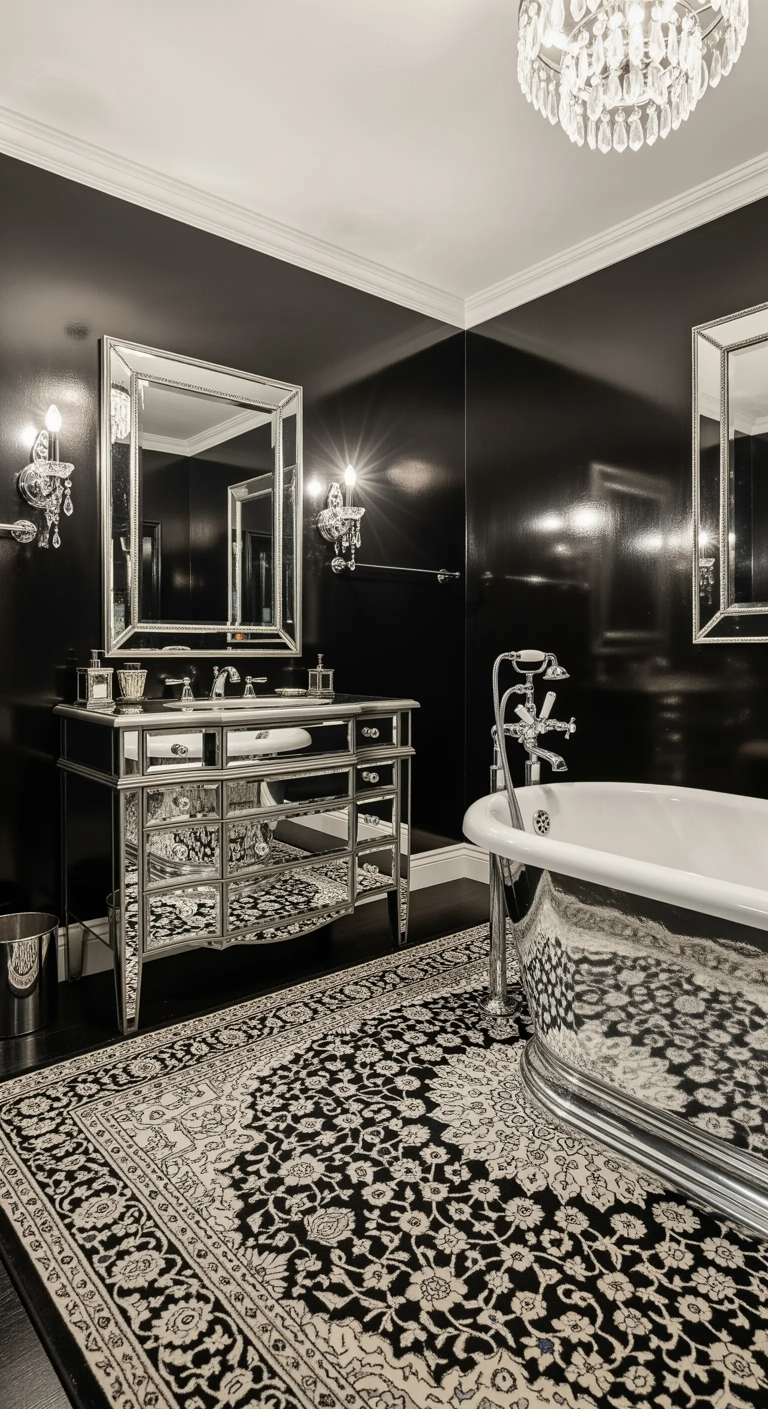 Bagno total black con mobile specchiato, vasca cromata e lampadario di cristallo.