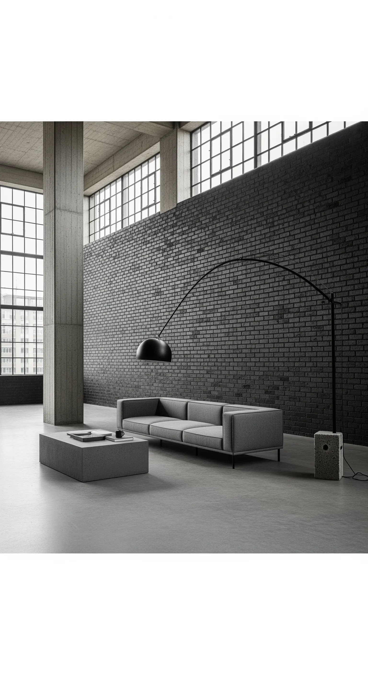 Spazio minimalista con parete di mattoni neri, divano grigio lineare e una grande lampada ad arco.