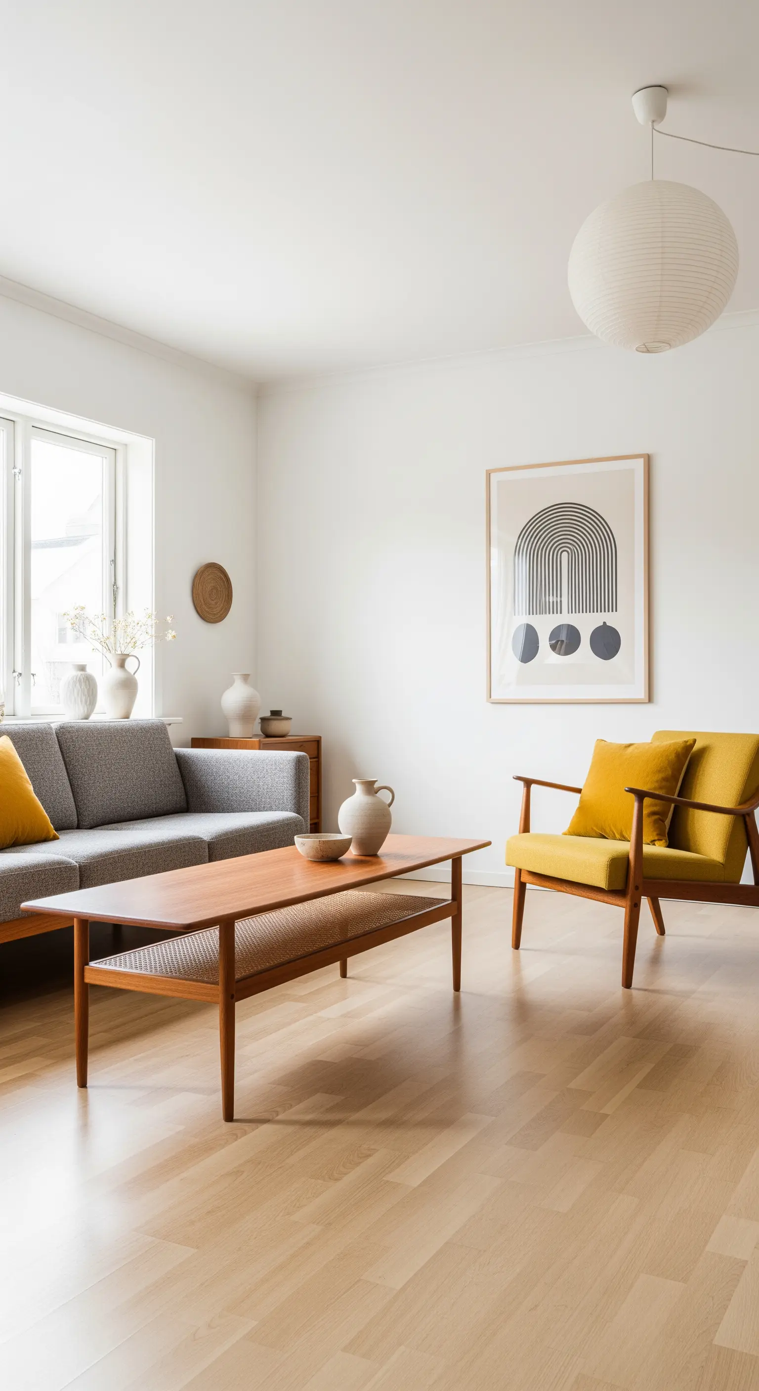 Salotto scandinavo con divano grigio, poltrona senape e una stampa grafica con un arcobaleno nero.