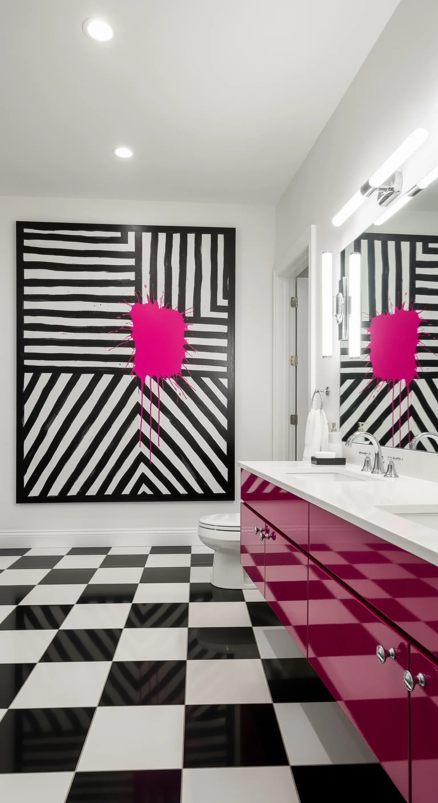 Bagno grafico in bianco e nero con mobile e un dettaglio nel quadro color magenta.